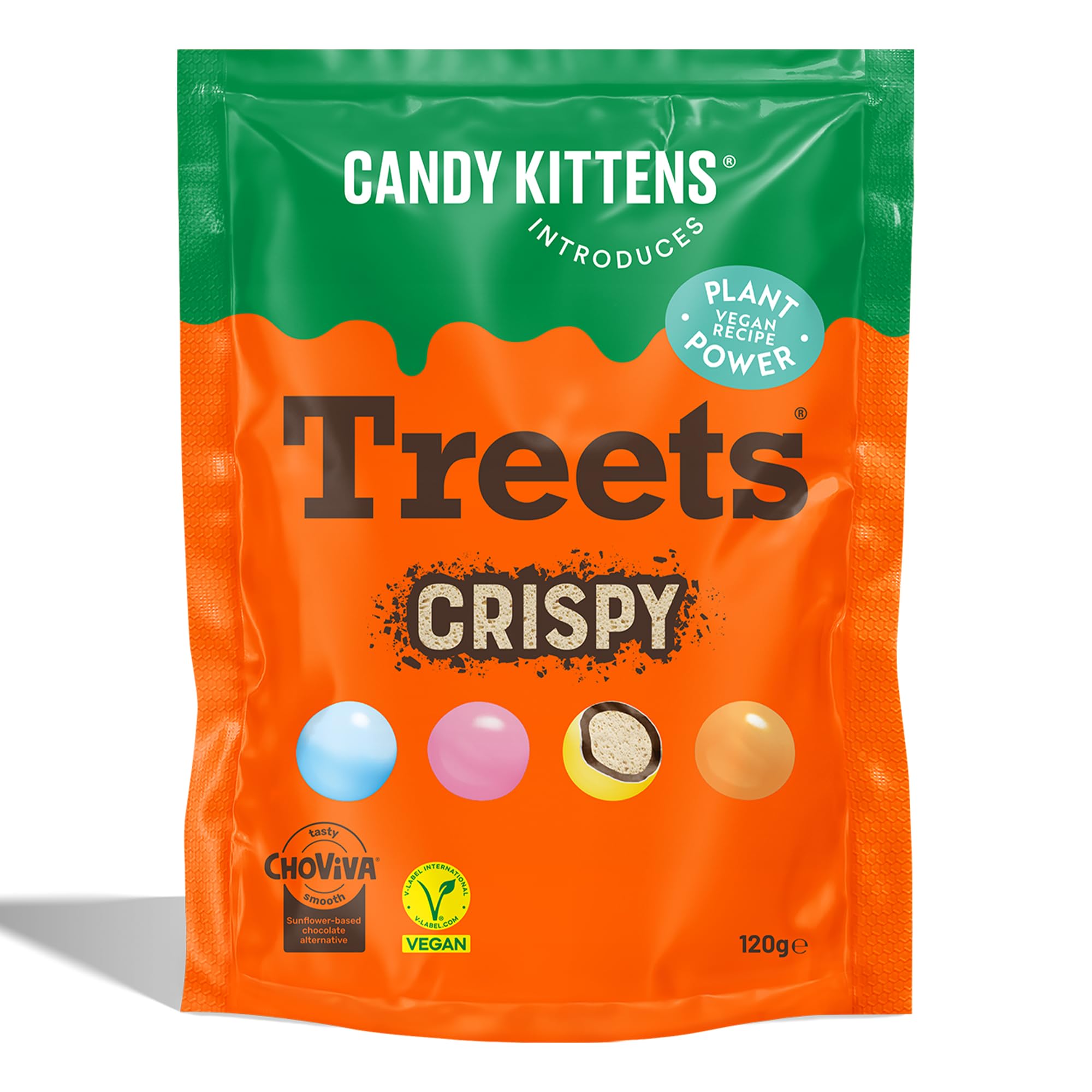 CANDY KITTENS Vegan Chocolate Crunchy Treets Crispy Snack - Cocoa-Free Choviva Shell, 120g Pack of 1