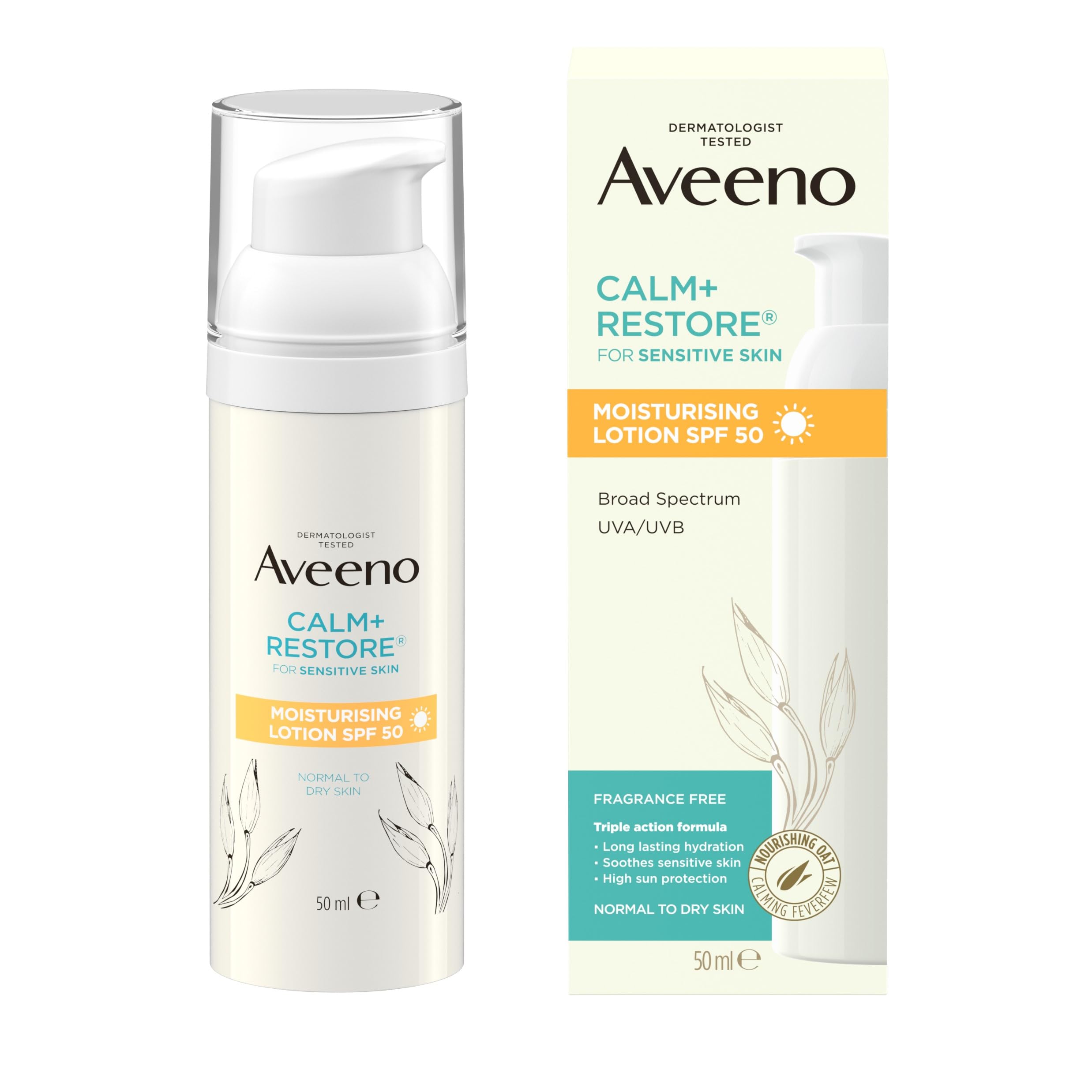 Aveeno CALM+RESTORE Moisturising Lotion SPF 50 - Hydrates & Soothes Sensitive Skin | 50ml 1