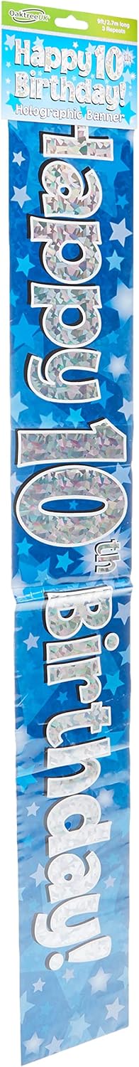 OakTree Happy 10th Birthday Foil Holographic Banner - Blue, 9 ft 1
