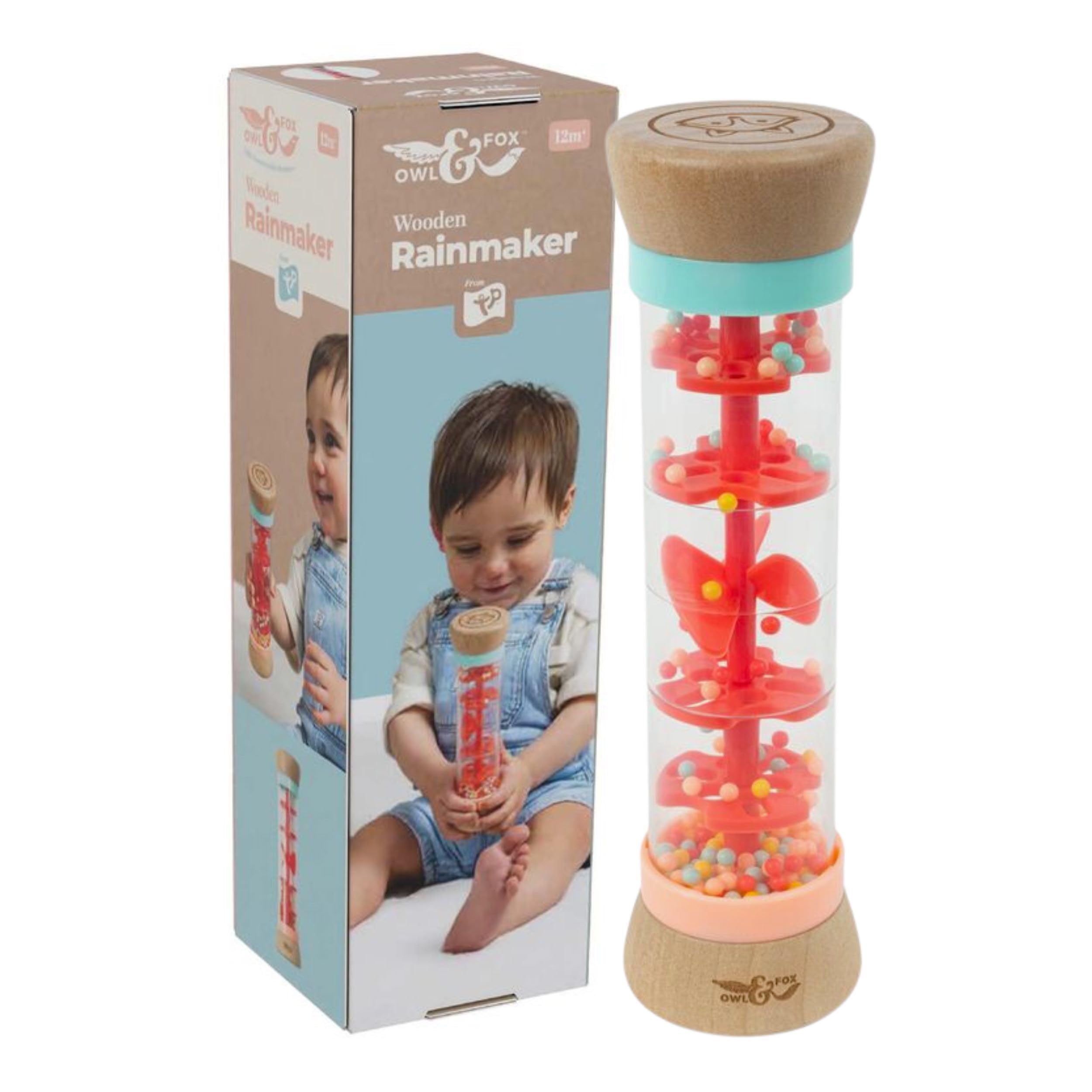 Owl & Fox Wooden Rainmaker Baby Rattle Toy - Soothing Sounds, Sensory Development | 12+ Months 1
