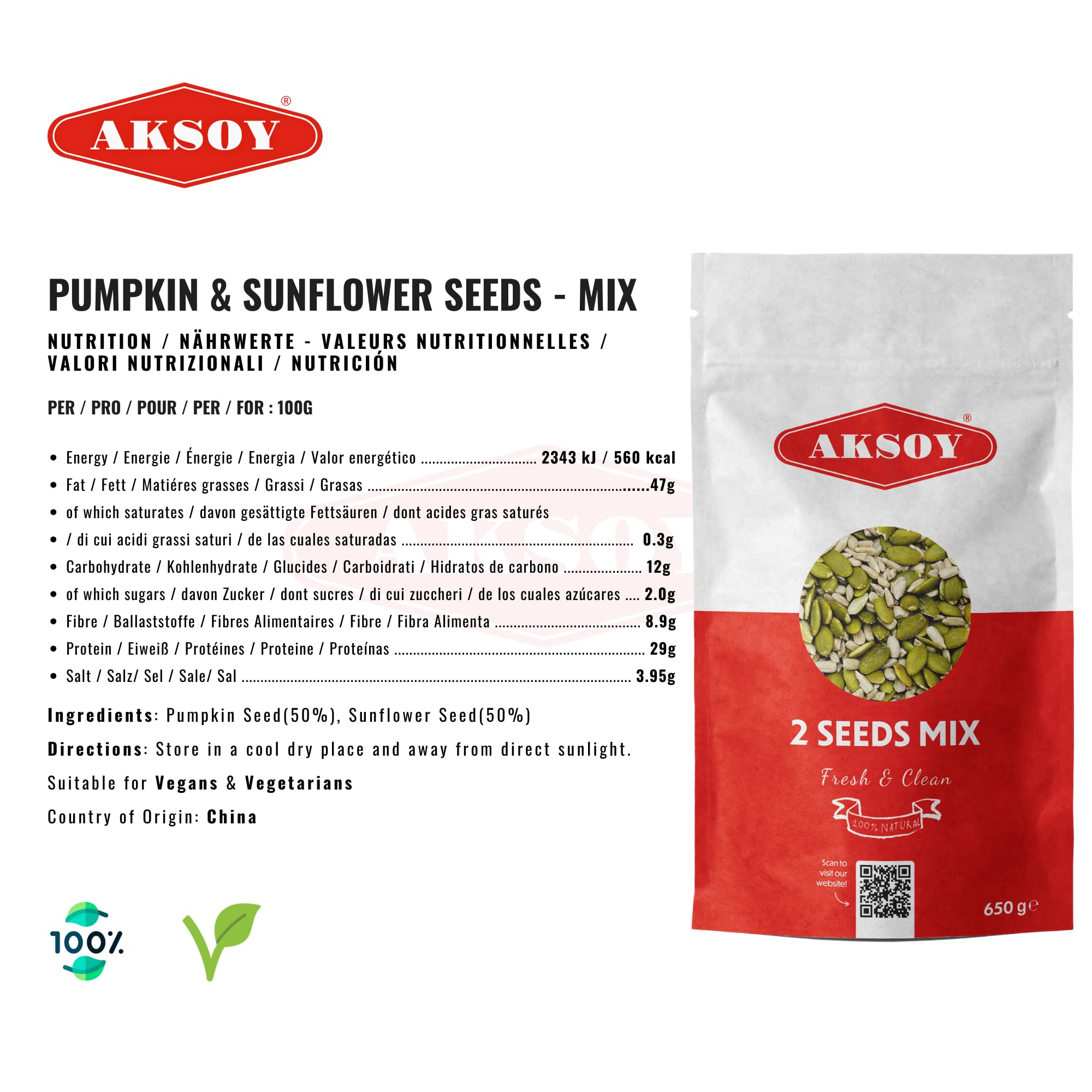 AKSOY Seed Mix - Pumpkin & Sunflower Blend | Raw, GMO-Free | 650g Tub