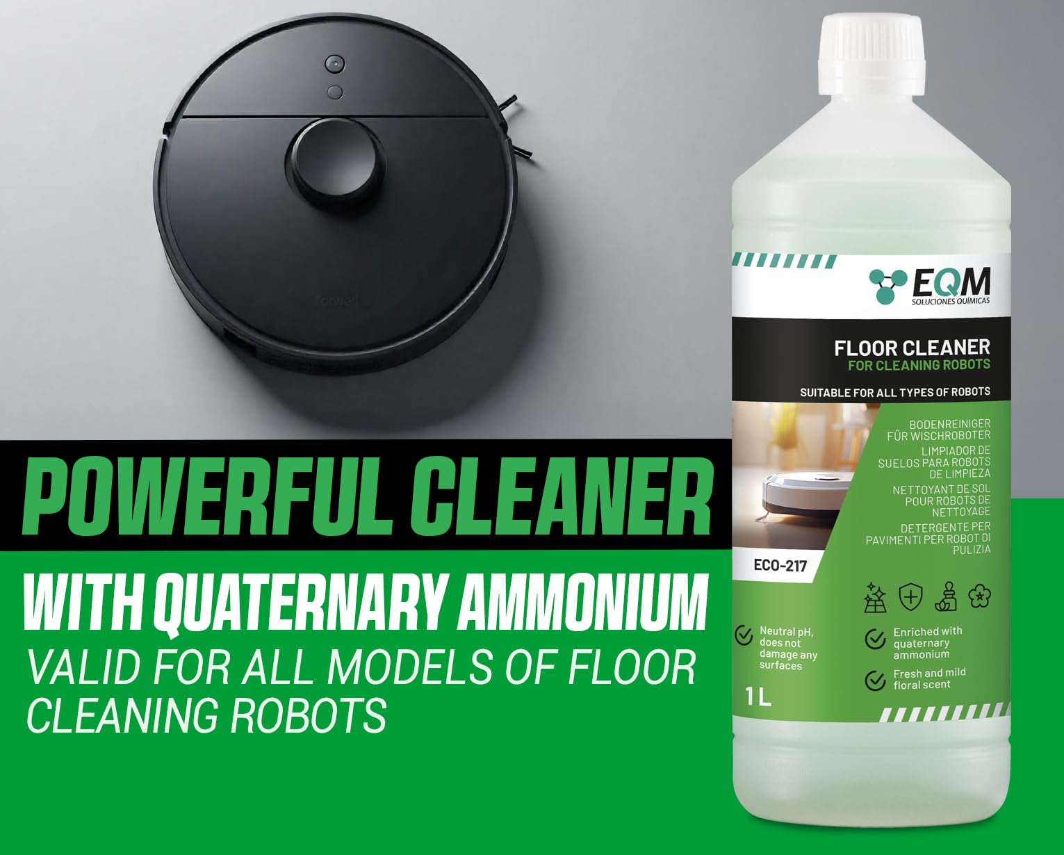 EQM SOLUCIONES QUIMICAS ECO-217 Floor Cleaner for Wiping Robots | 1L | Neutral pH | Floral Scent