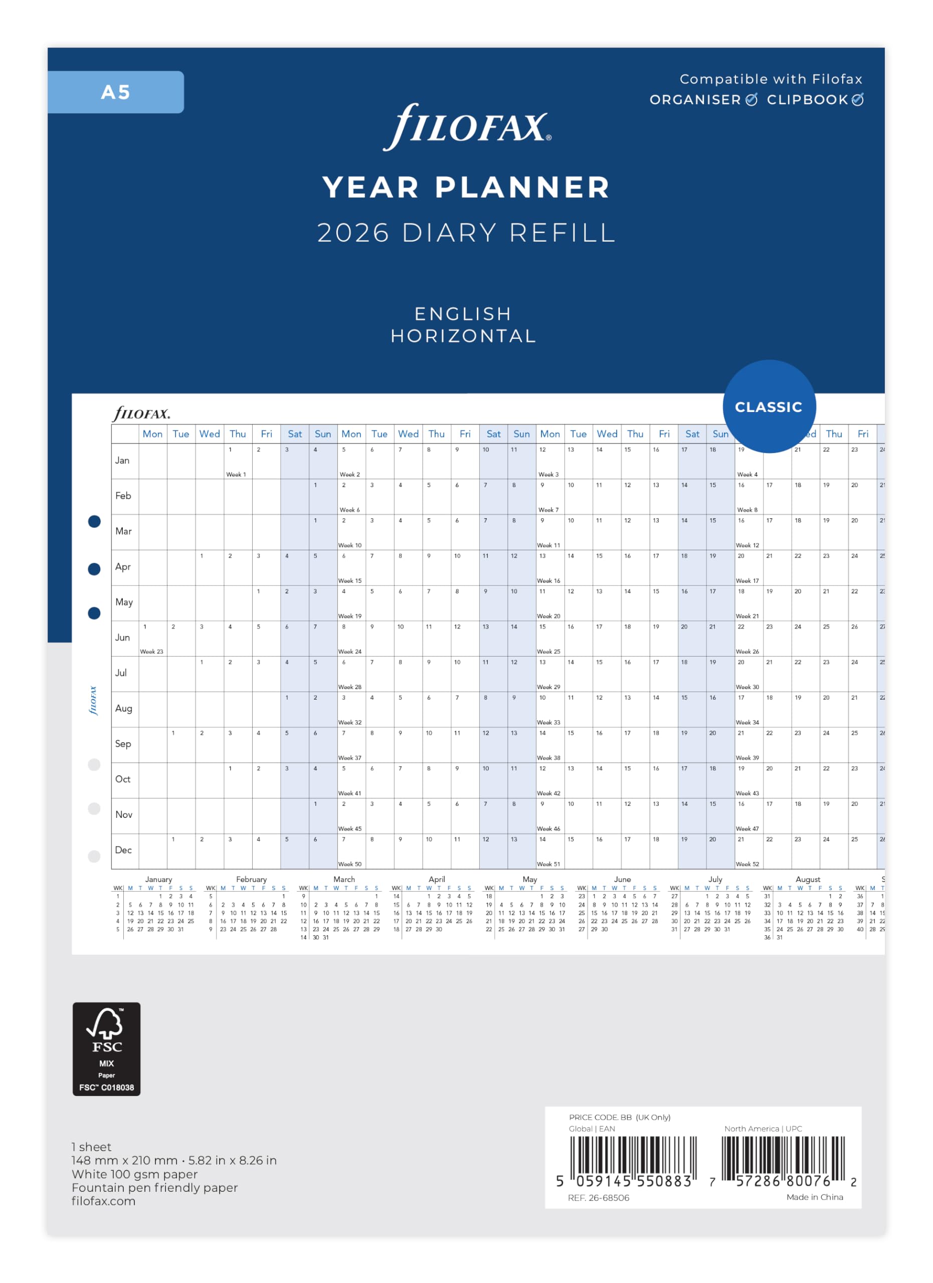Filofax A5 2026 Horizontal Year Planner Refill | 100gsm Fountain Pen Friendly Paper | 148mm x 210mm 1
