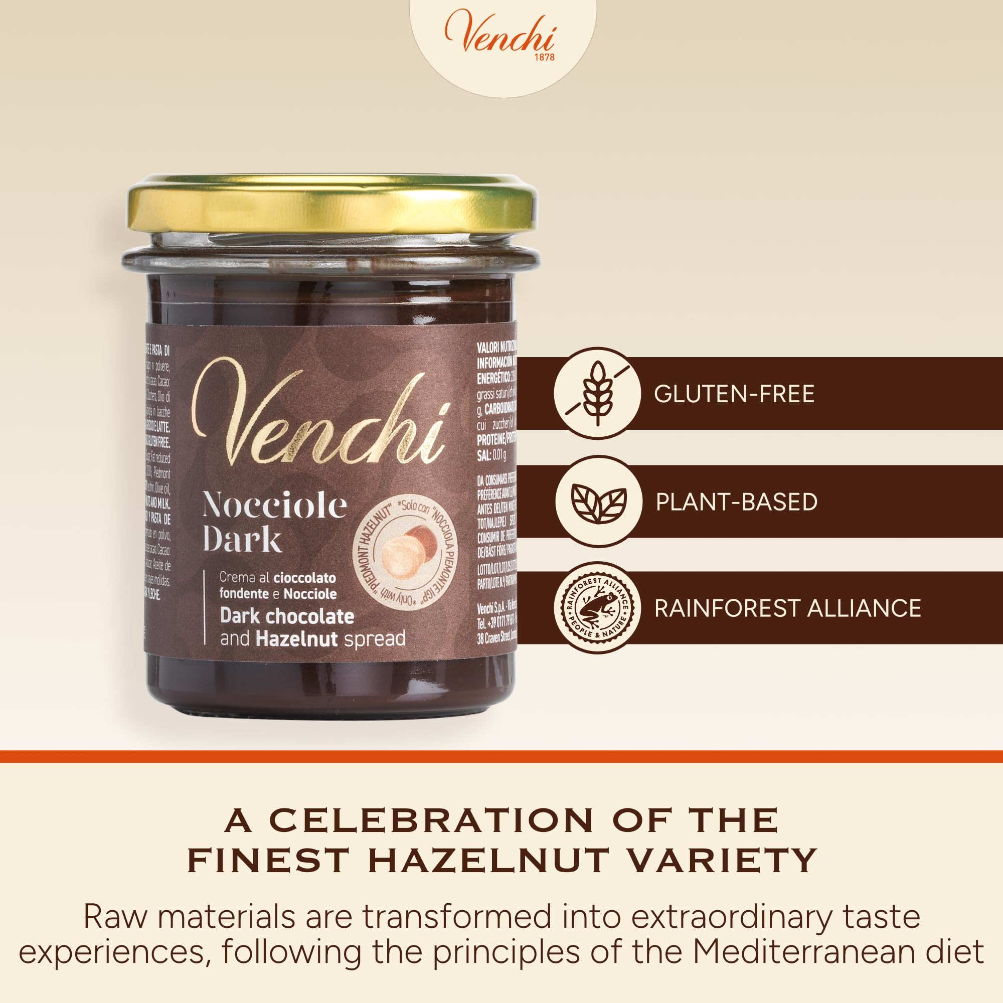 Venchi Dark Chocolate and PGI Piedmont Hazelnut Spread - Gluten Free | 200g 4