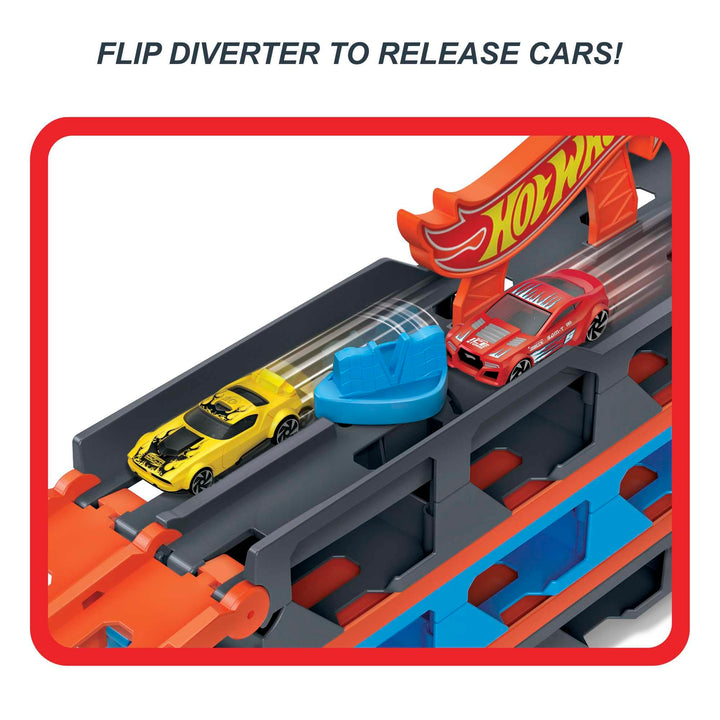 Hot Wheels Speedway Hauler - 3-in-1 Storage Carrier with 6-Foot Drag Race Track & 3 Cars for Kids 4-8 Years