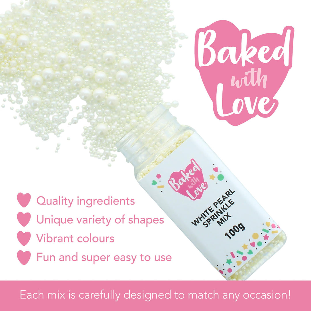 Baked with Love - White Pearl Sprinkles Mix | 100g Resealable Bottle | Mother of Pearl Sugar Balls for Cakes & Cupcakes