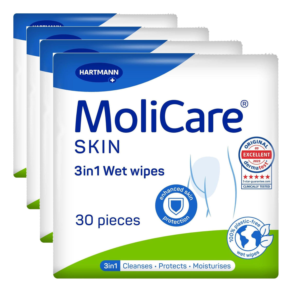 MoliCare 3in1 Wet Wipes - 30 Count, Pack of 4, Fragrance Free