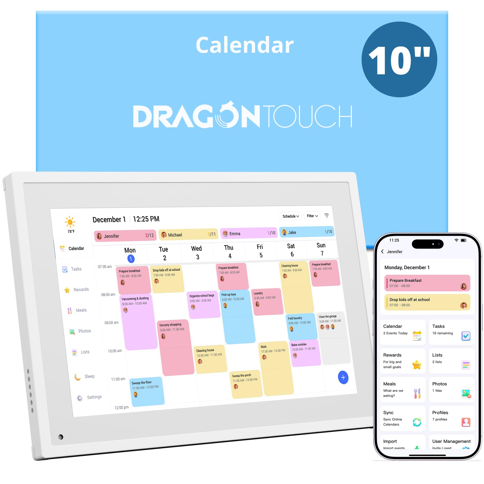 Dragon Touch 10.1 inch Digital Wall Calendar | 1920x1080P FHD | Family Planner & Photo Frame