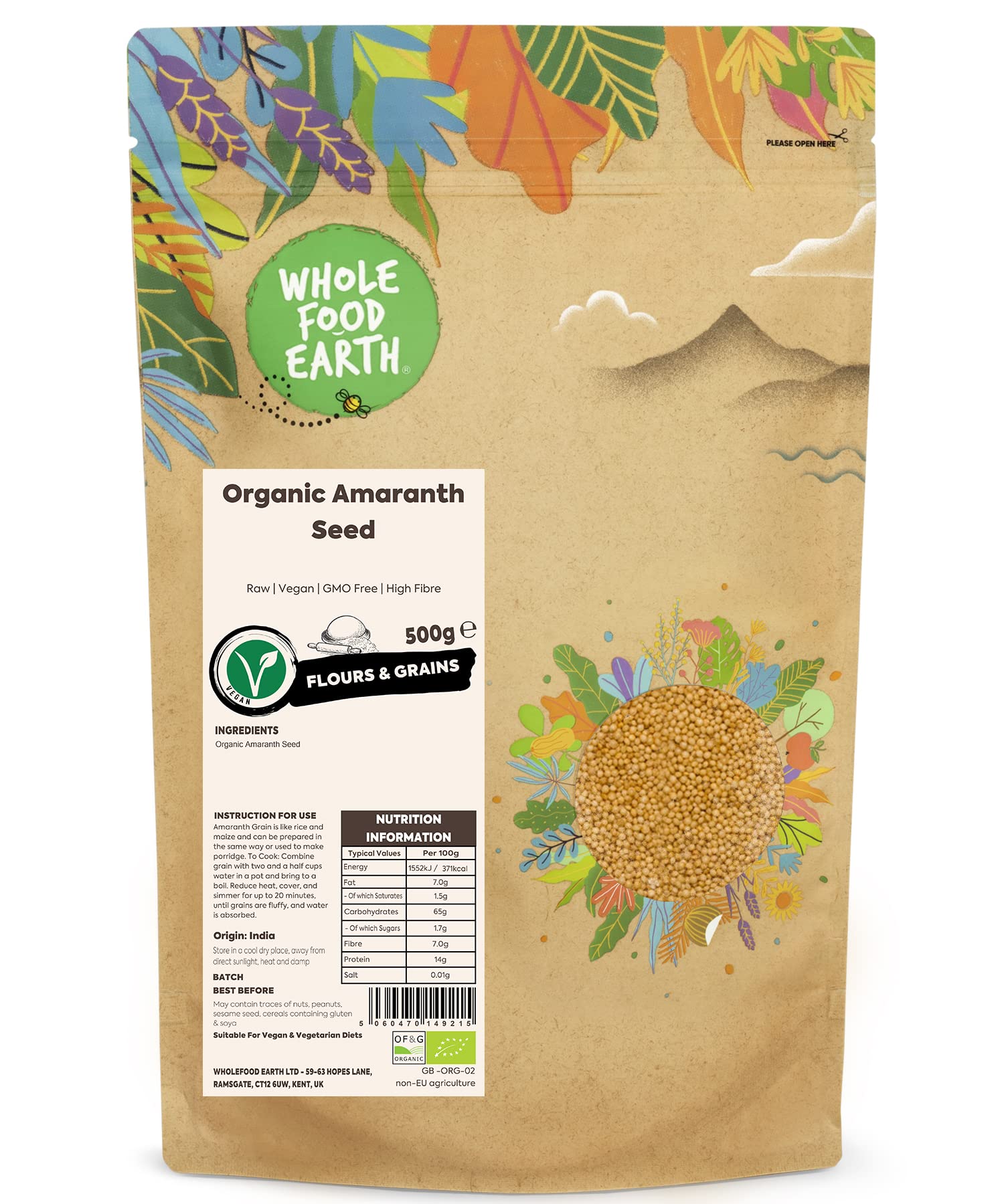 Wholefood Earth Organic Amaranth Seed - 500g | Raw | Vegan | GMO Free 1
