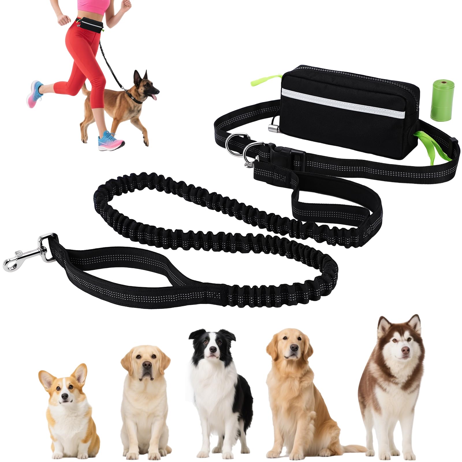 Euqvunn Hands Free Dog Lead - Adjustable 1.6m to 2.2m Bungee Leash with Waist Pack