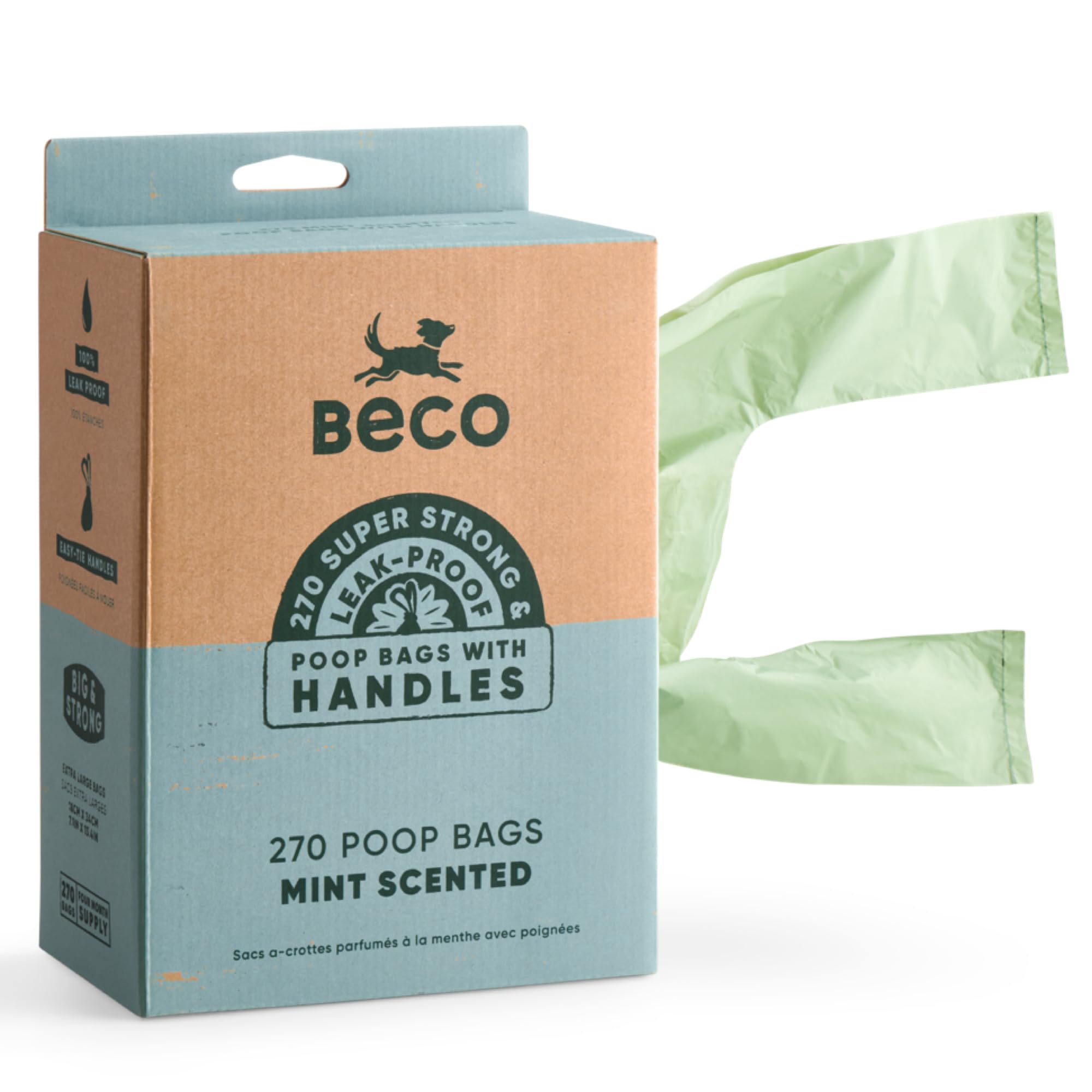 Beco Dog Poo Bags - 270 Count Mint Scented with Handles | 100% Recycled Plastic