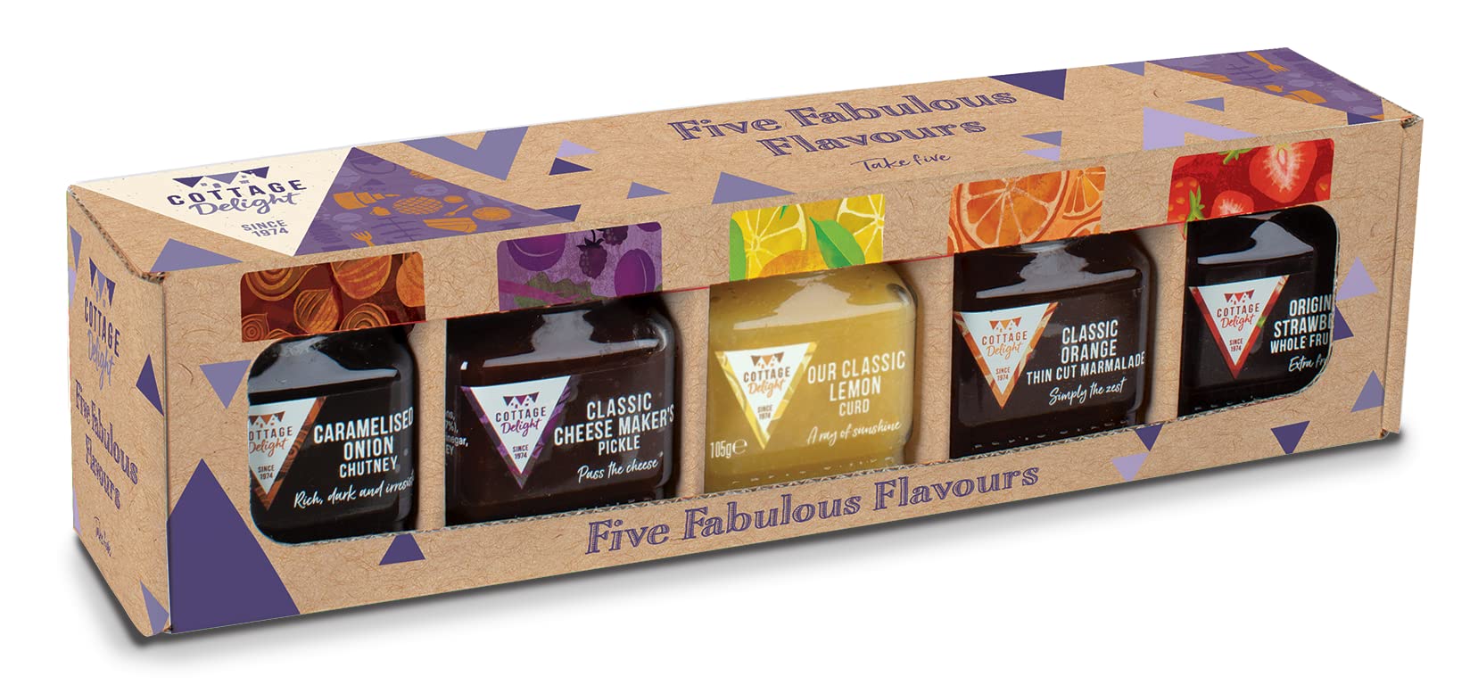 Cottage Delight Five Fabulous Flavours Gift Set - 5-Piece Collection with Caramelised Onion Chutney, Pickle, Marmalade, Lemon Curd & Strawberry Jam 1