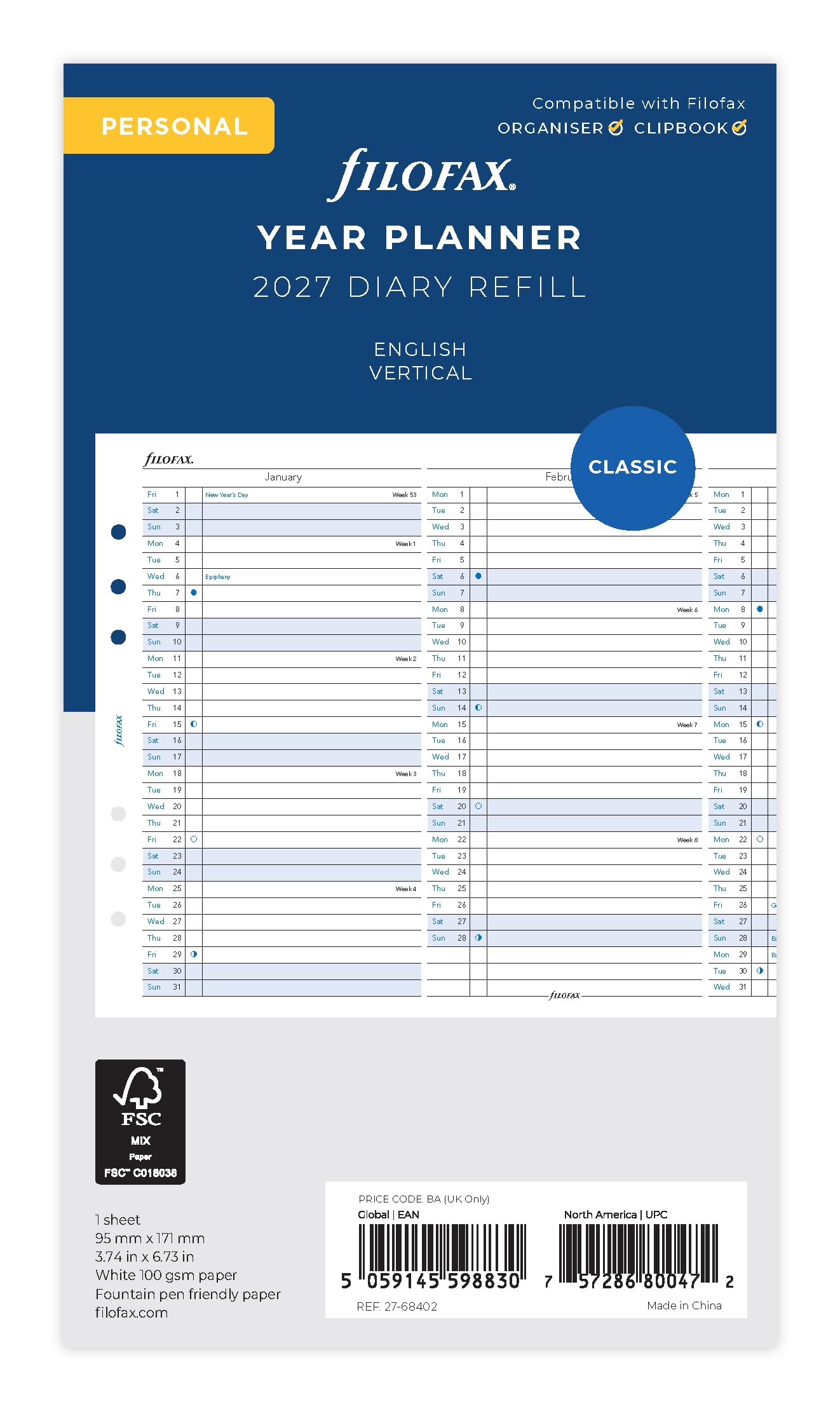 Filofax Personal 2027 Vertical Year Planner Refill | 100gsm Fountain Pen Friendly Paper | 95mm x 171mm