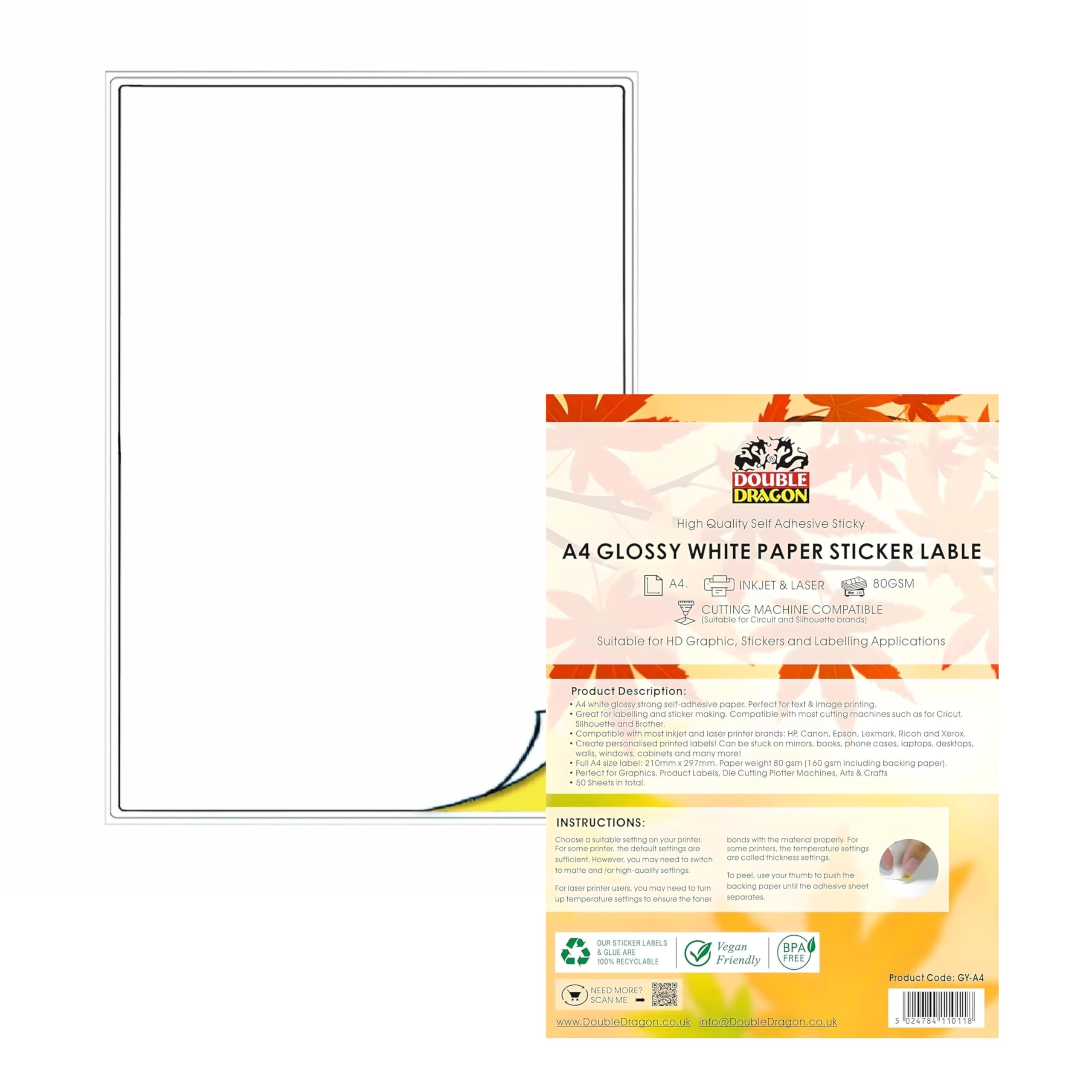 Double Dragon A4 White Matte Printer Labels - 50 Sheets Self-Adhesive Sticker Paper for Inkjet/Laser