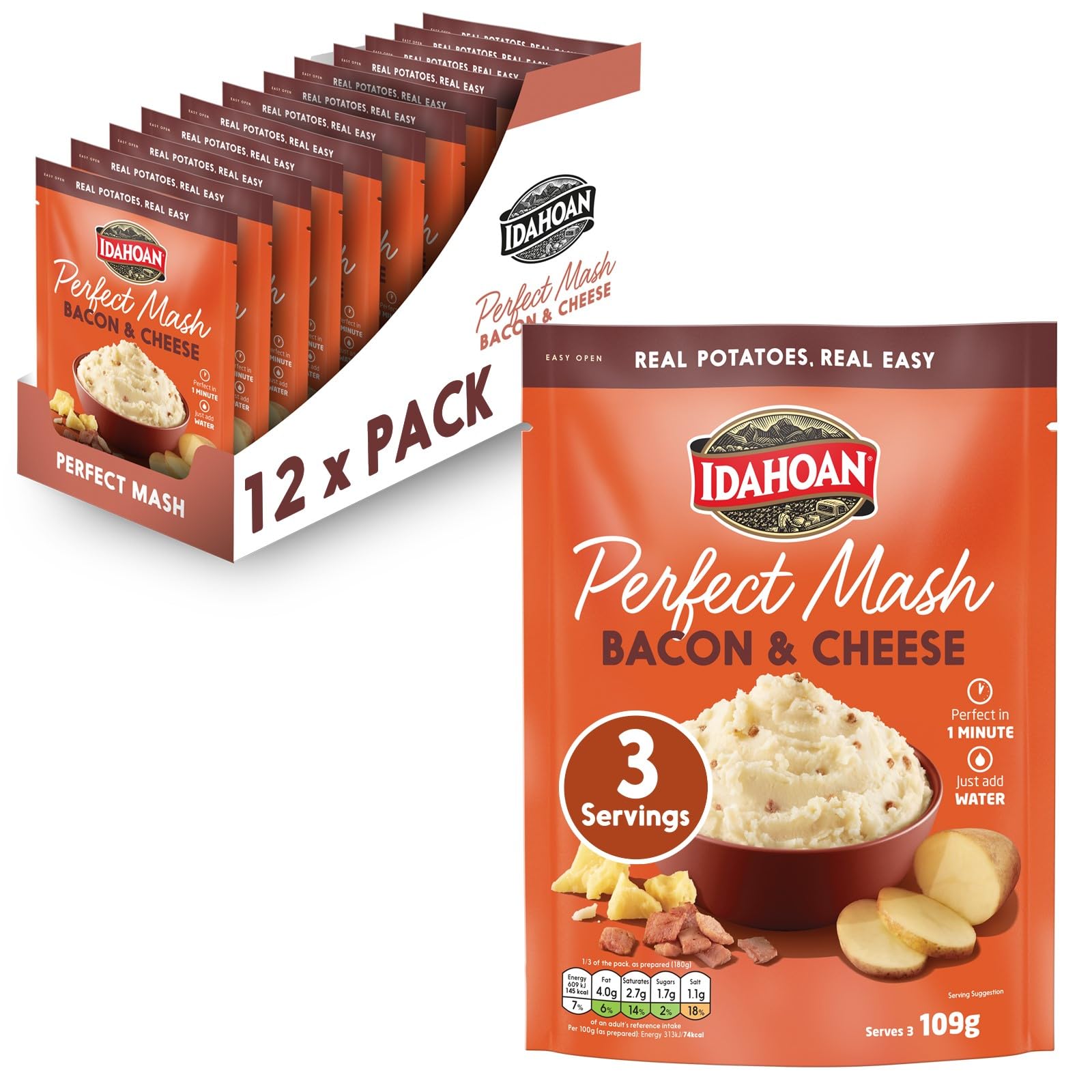 Idahoan Bacon & Cheese Mash - Instant Potatoes | 12 Count Pack | 109g Each 1