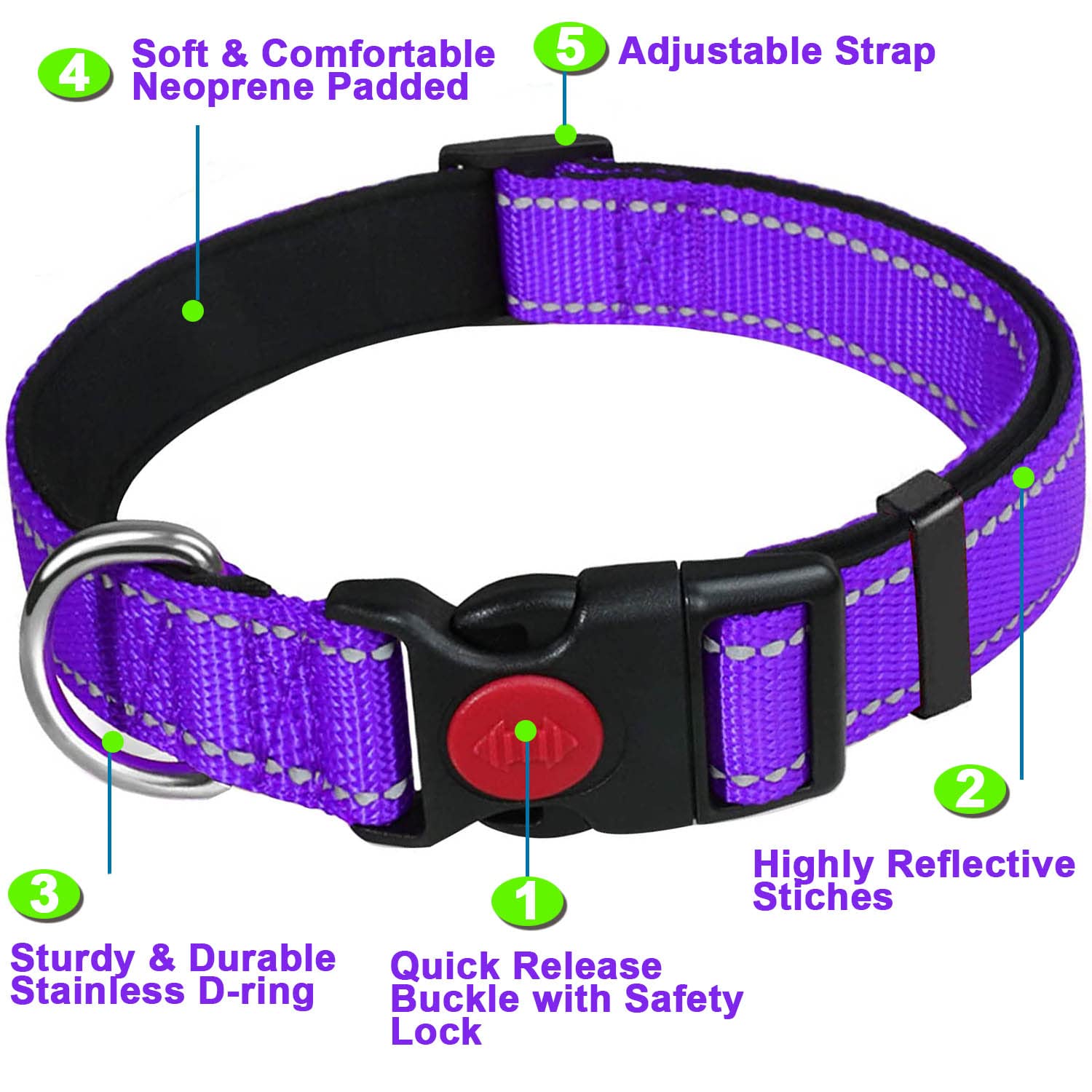 ATETEO Reflective Adjustable Dog Collar with Soft Neoprene - Purple, Size S