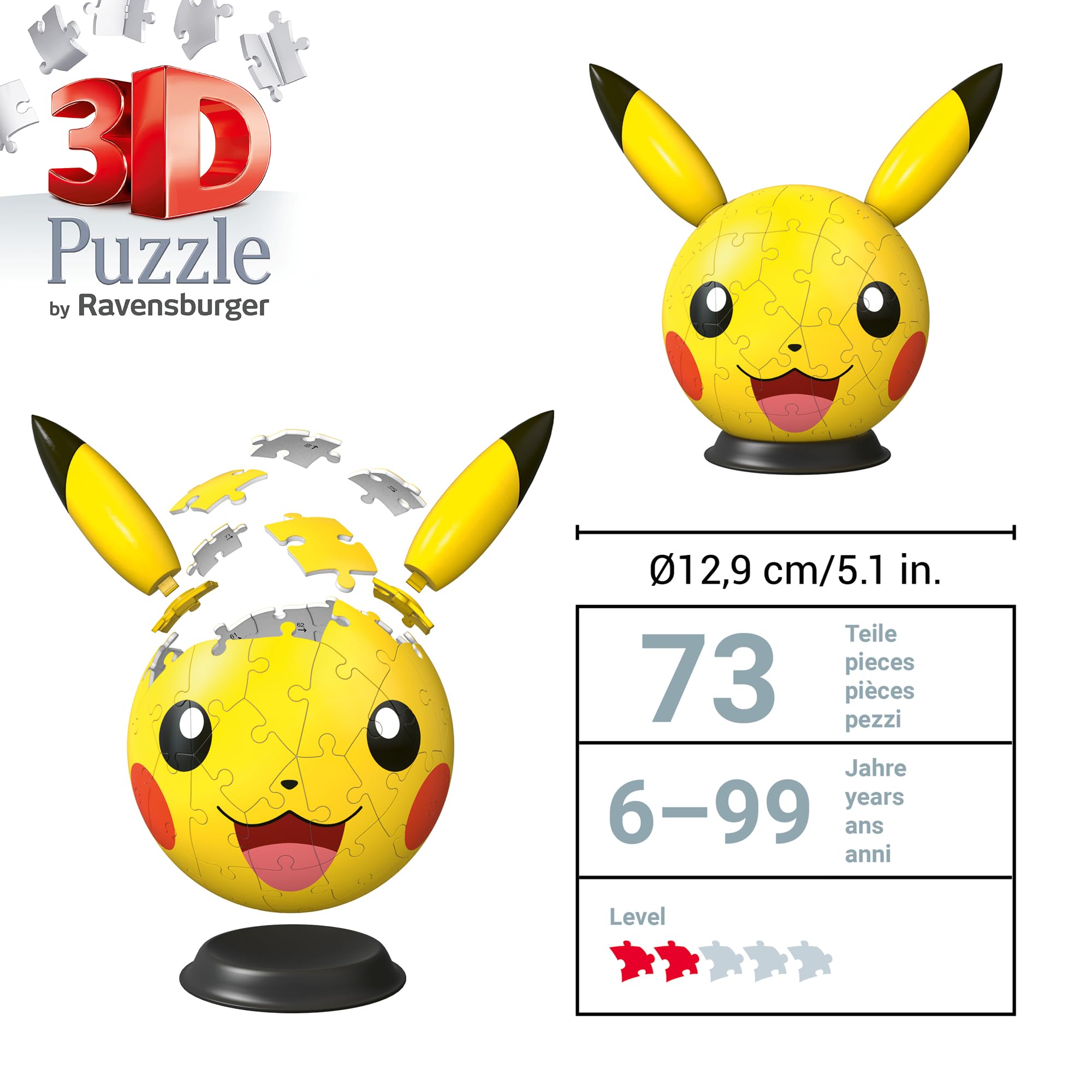 Ravensburger Pokemon Pikachu with Ears 72-Piece 3D Puzzle Ball - 13cm Diameter 5