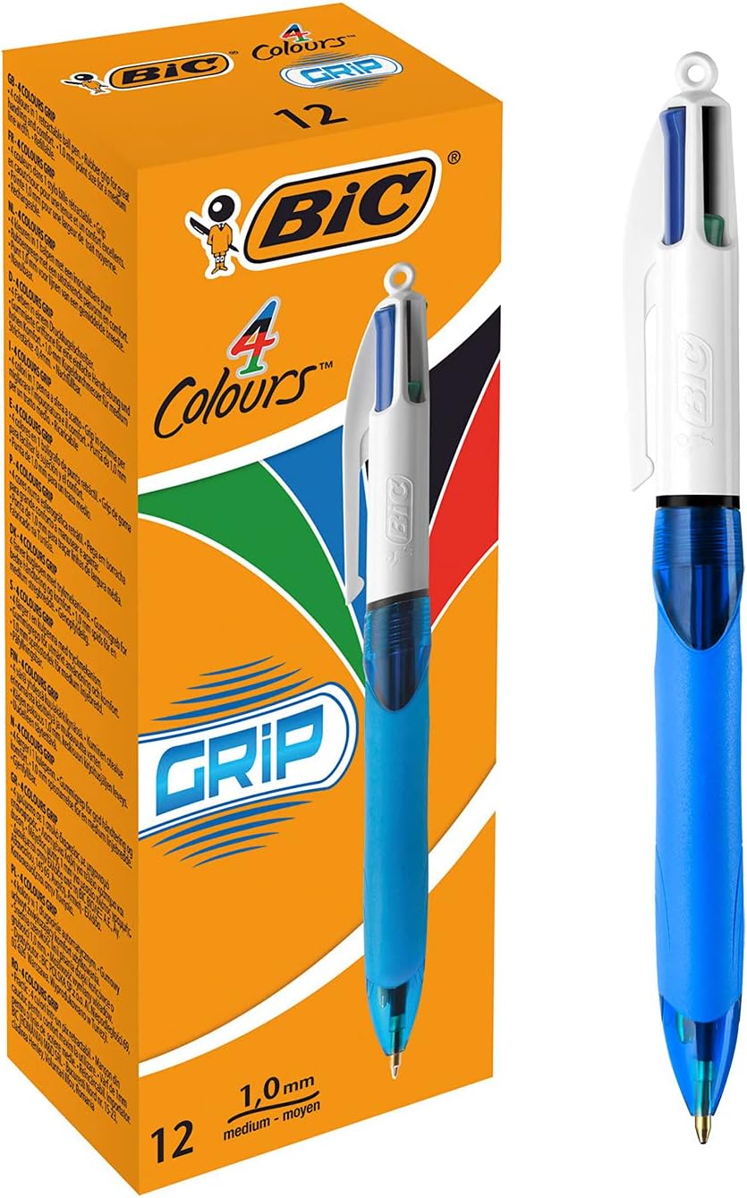 BIC 4 Colours Grip Retractable Ballpoint Pens - Box of 12- Medium Point (1.0 mm) - Extra-Comfort Grip - Translucent Blue Barrel
