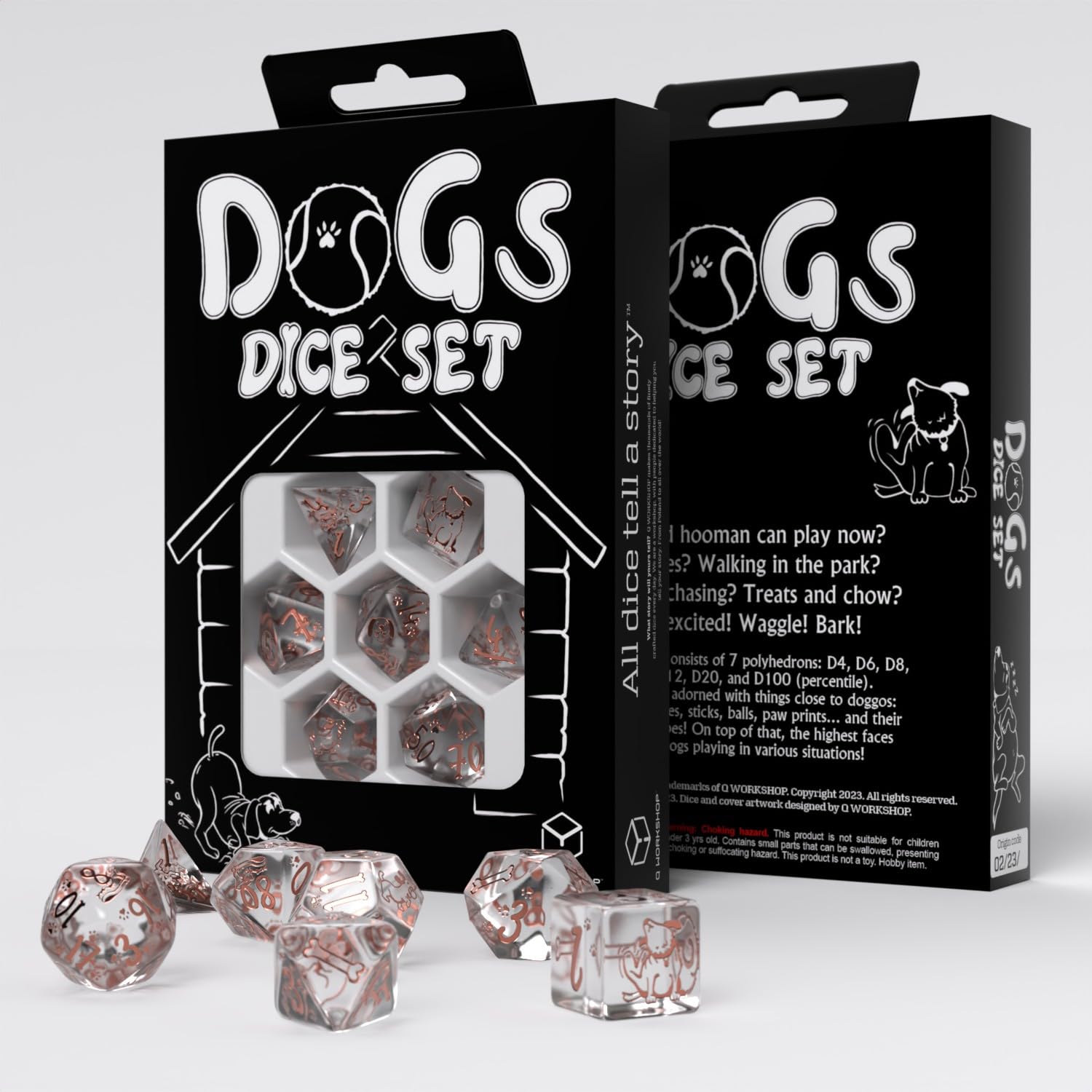 Q WORKSHOP Dogs Dice Set Bella - 7 Polyhedral Dice | Translucent & Copper | Plastic 1