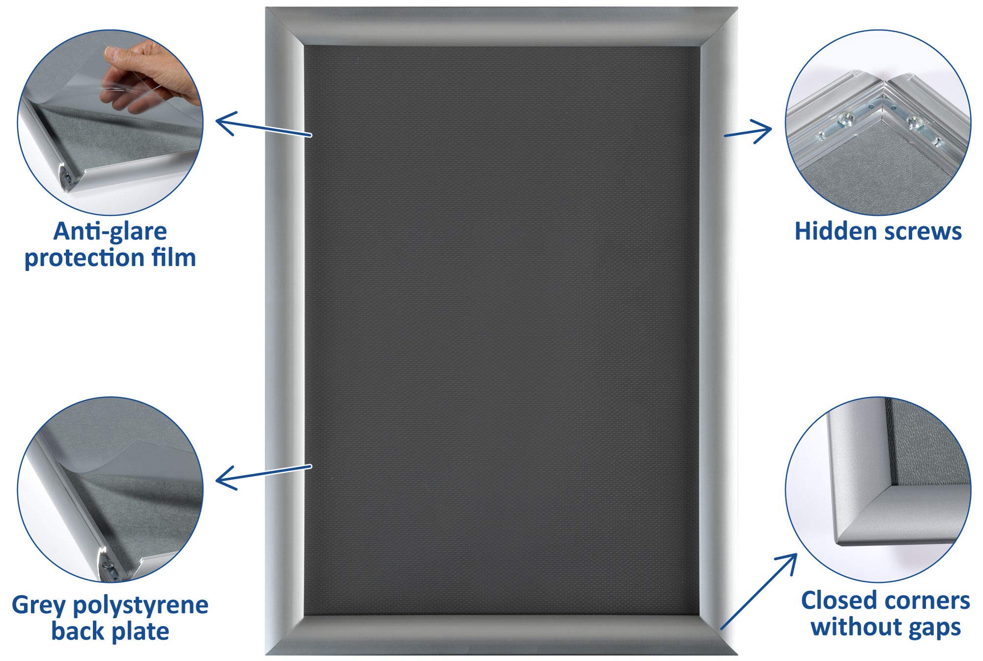Europel A4 Silver Snap Frame - Anodised Aluminium, Mitred Corners, Anti-Glare Cover 8