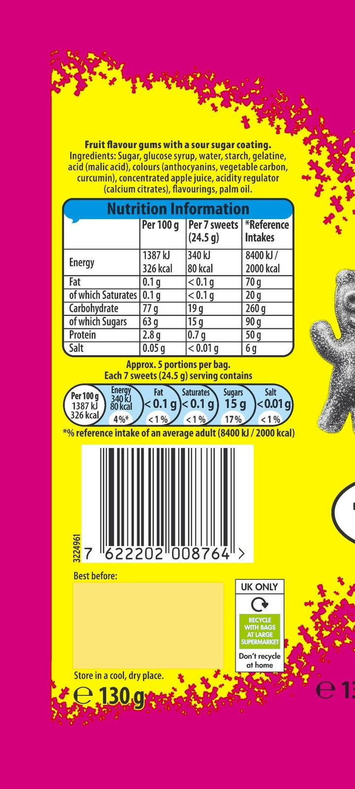 Sour Patch Kids Mixed Fruit Flavoured Sour Sweets, Tangy & Chewy Vegan Candy, 130g