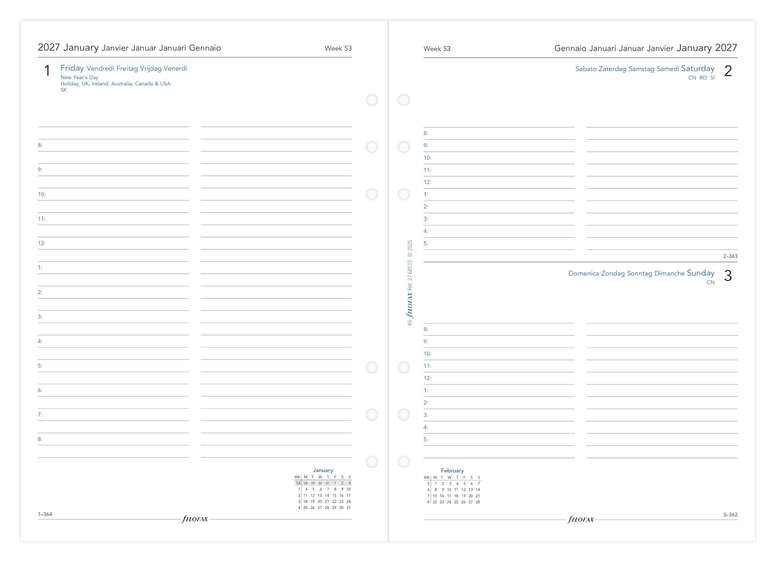 Filofax A5 Day Per Page 2027 Diary Refill | 5 Language Appointments | 148mm x 210mm 2