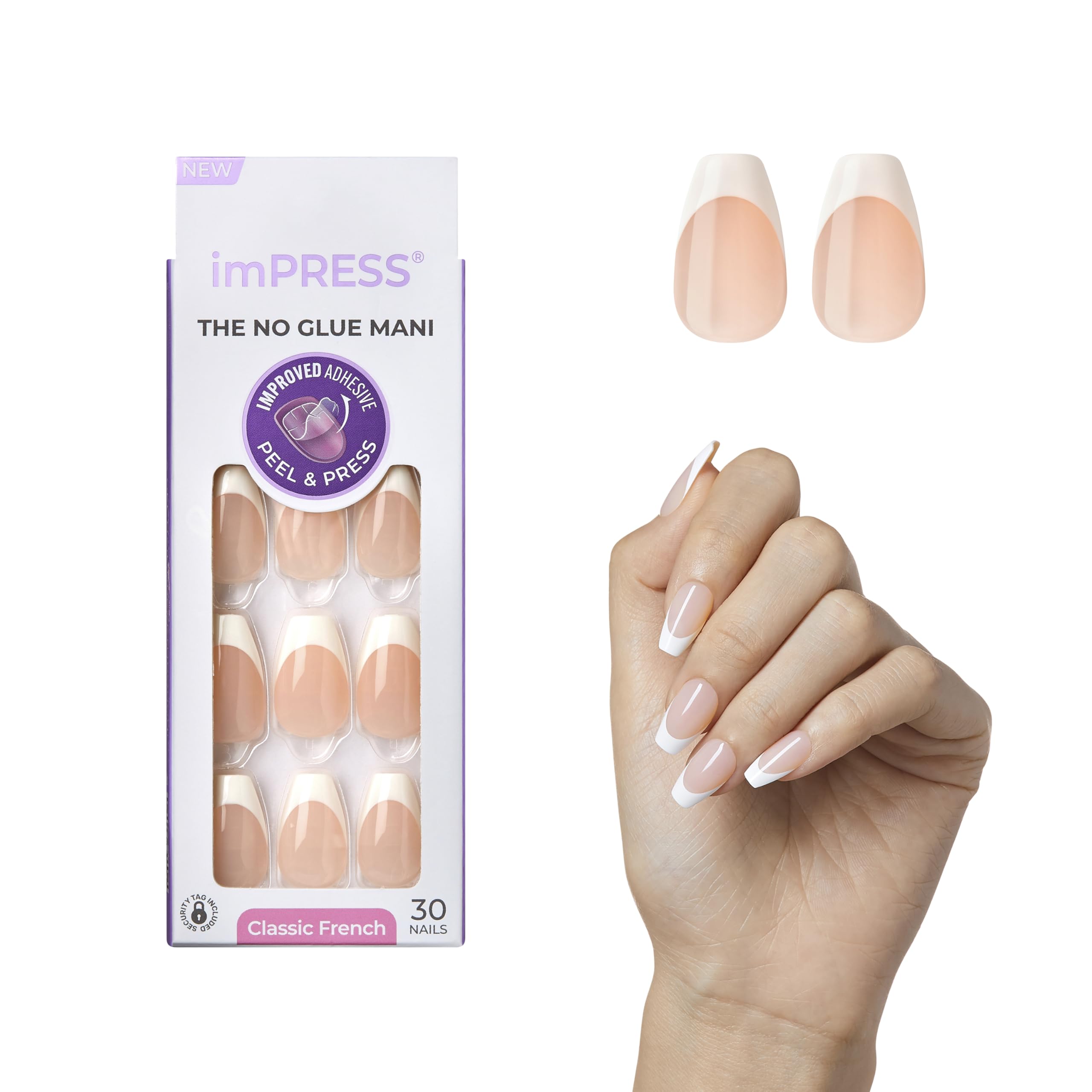 imPRESS Classic French Press-On Nails - No Glue Needed, White Tips, Medium Coffin Shape 1