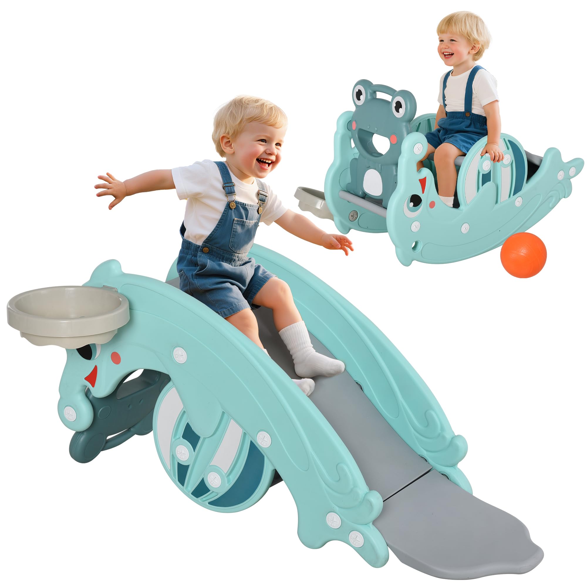 HOMCOM 3-in-1 Rocking Horse Slide with Basketball Hoop | Indoor/Outdoor Use | Ages 3-5 Years