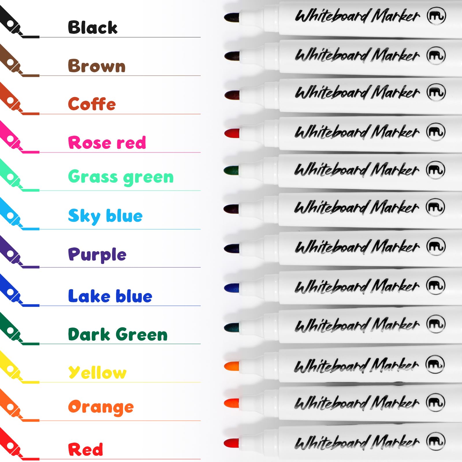 Vinabo Dry Erase Markers - 12 Colour Pack | Erasable Fiber Tips | Quick Drying Ink