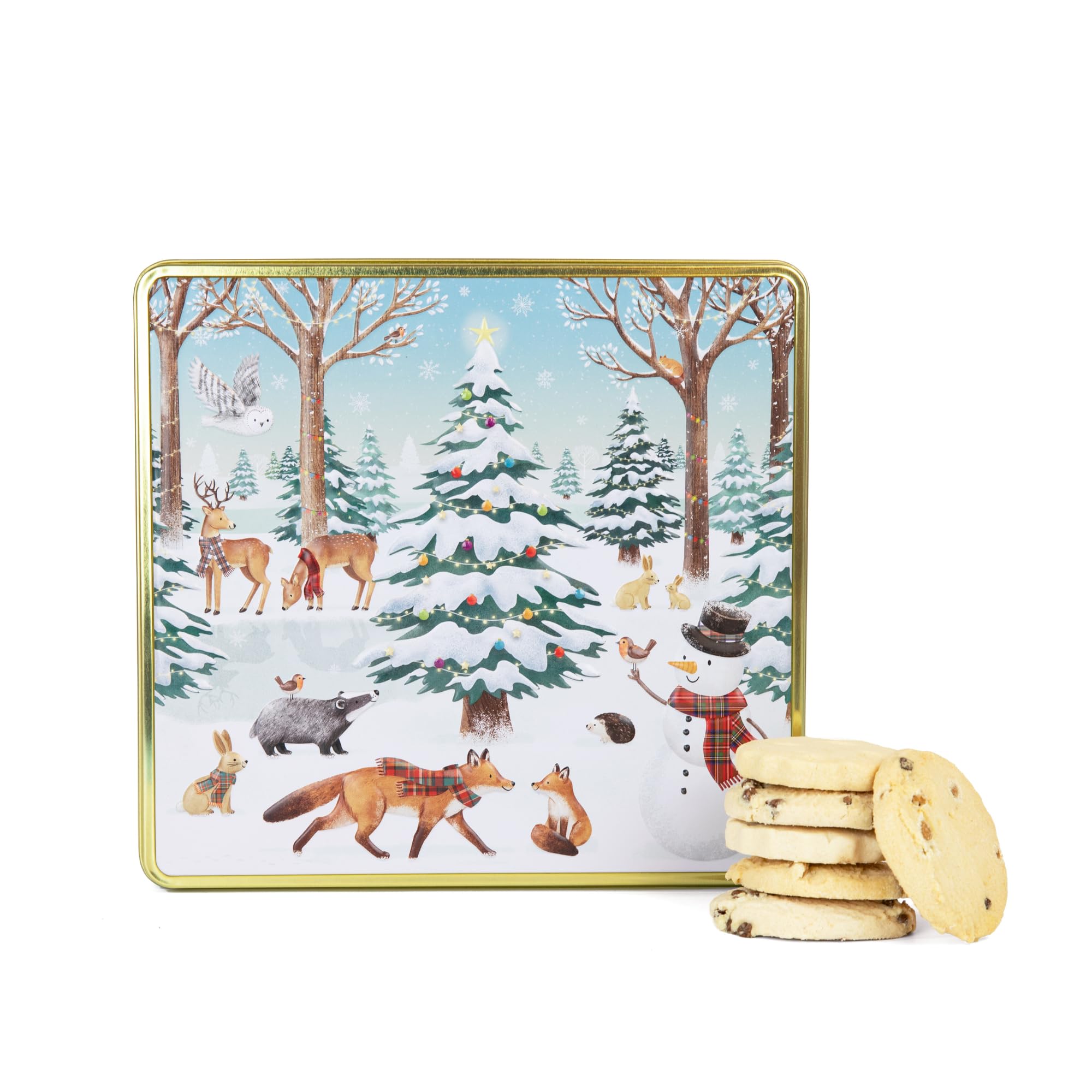 The Silver Crane co. Festive Forest Square Christmas Biscuits Tin with 3 Scottish Shortbread Flavors 1