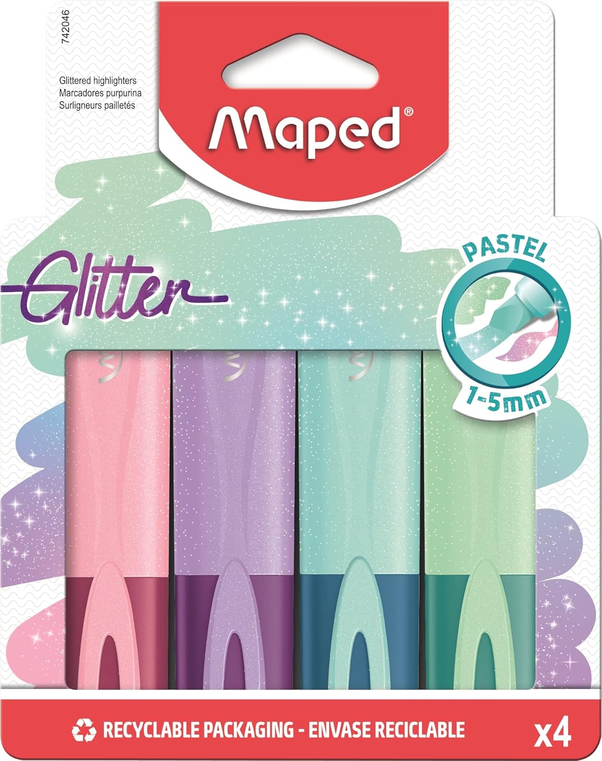 Maped Pastel Glitter Highlighters (Pack of 4 Assorted Colours), 742046