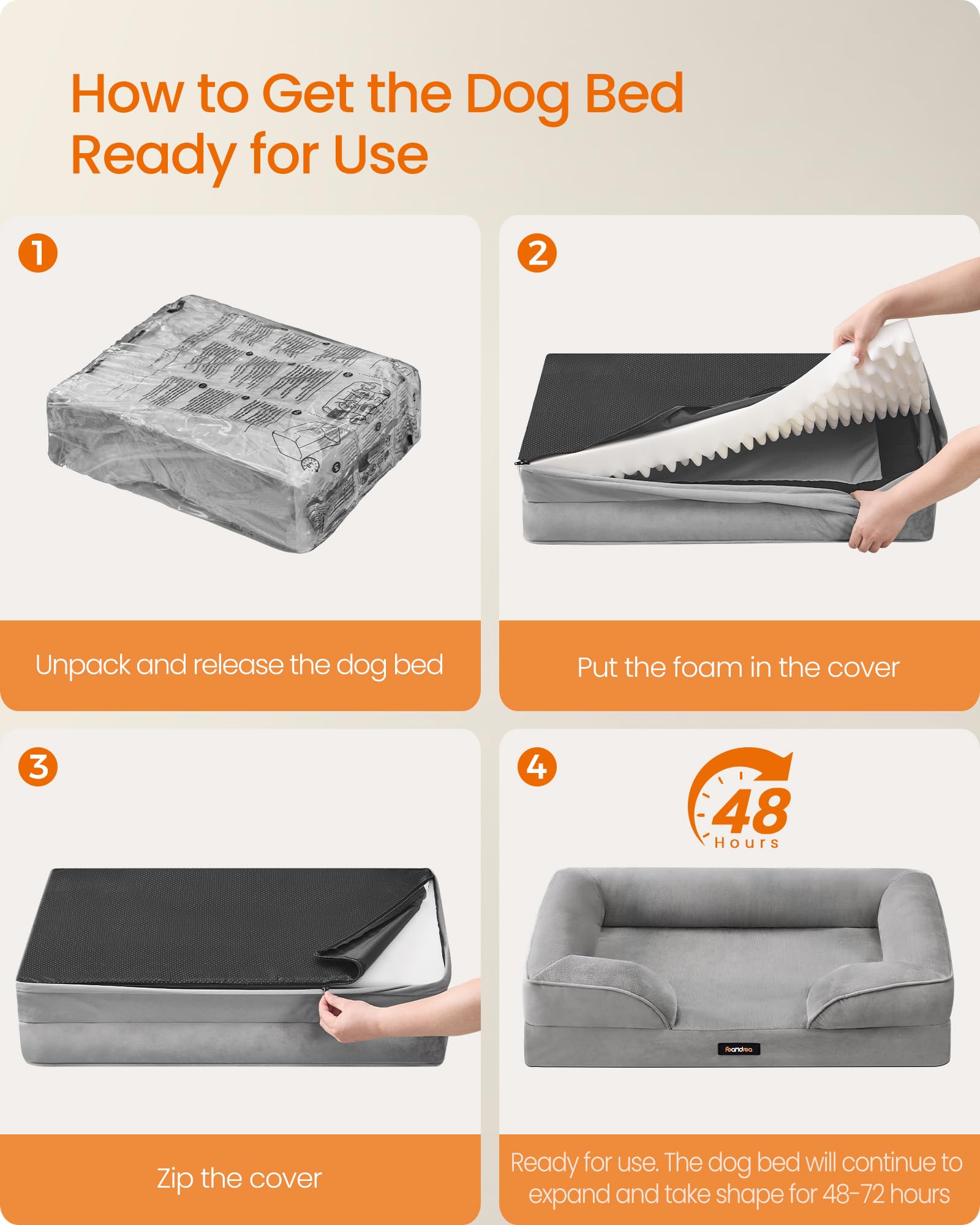 Feandrea Orthopaedic Dog Sofa Bed - Egg Crate Foam Support | Raised Sides | Water-Resistant | Dove Grey | 76 x 51 x 16 cm 7