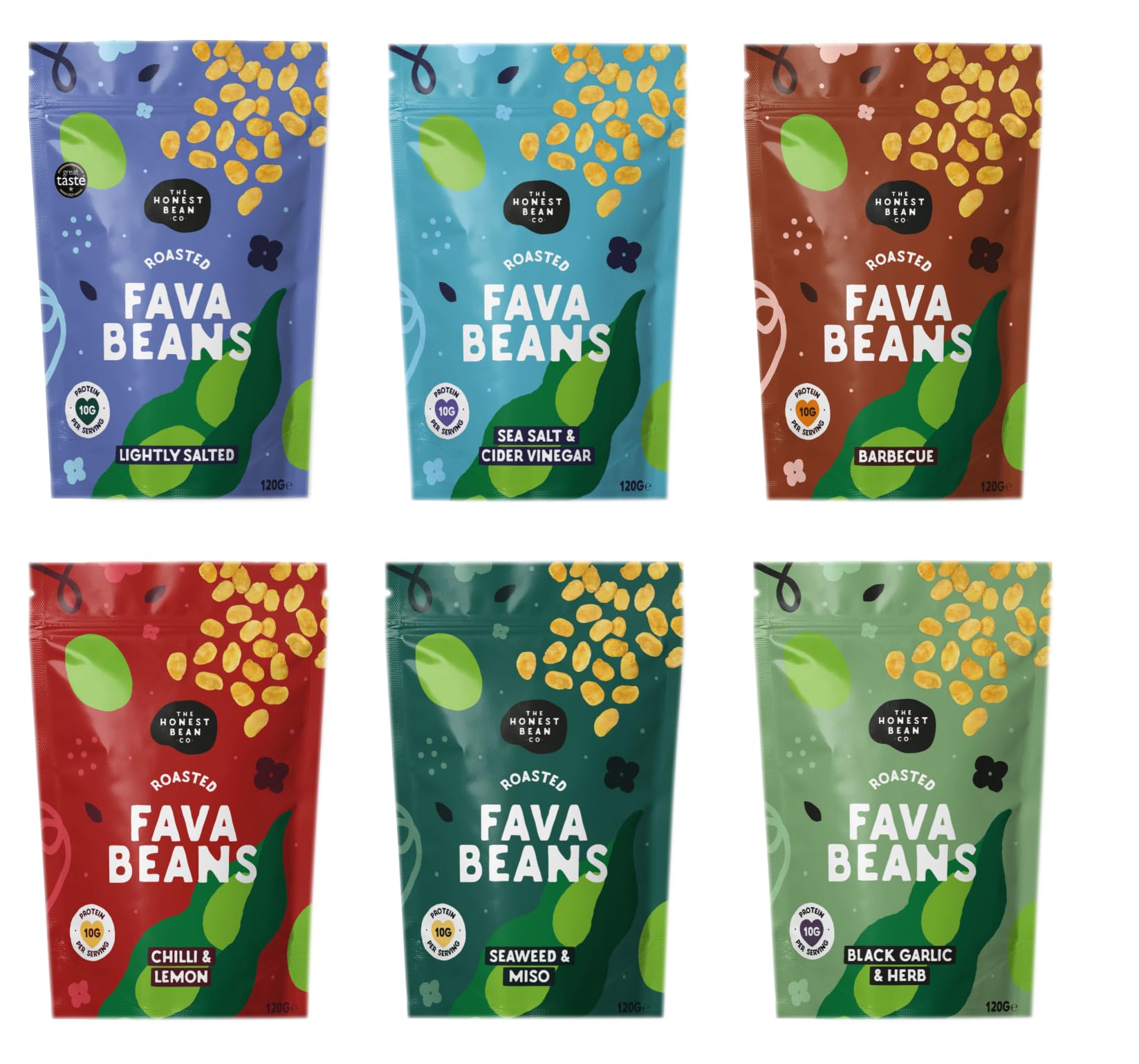The Honest Bean Co Roasted Fava Bean Variety Pack - Lightly Salted, Sea Salt & Cider Vinegar, BBQ, Chilli Lemon, Seaweed & Miso, Black Garlic & Herb 1