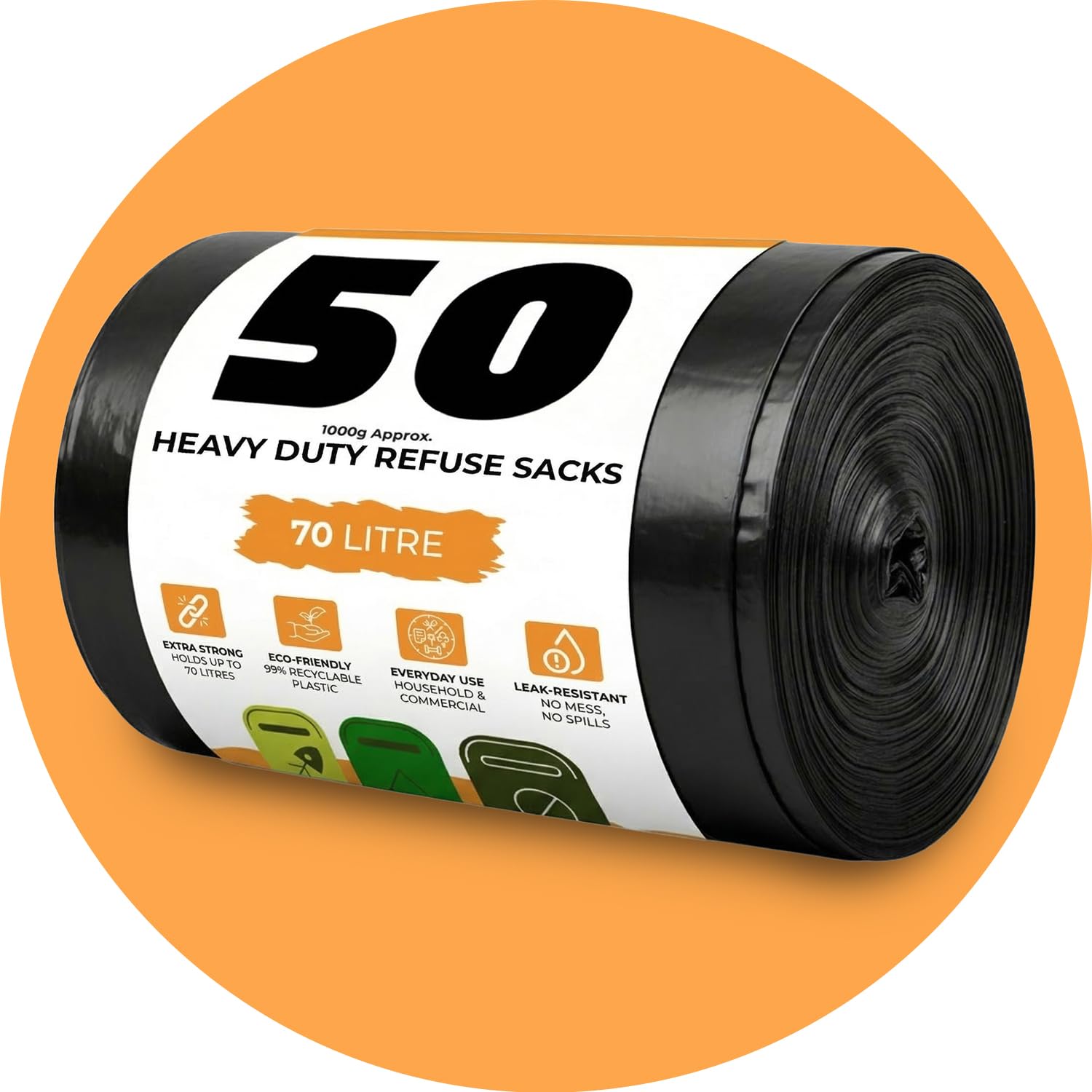 Roe Tenpo Heavy Duty Bin Liners - 50 Pack, 70L Capacity, 30 Micron Thick Plastic 1