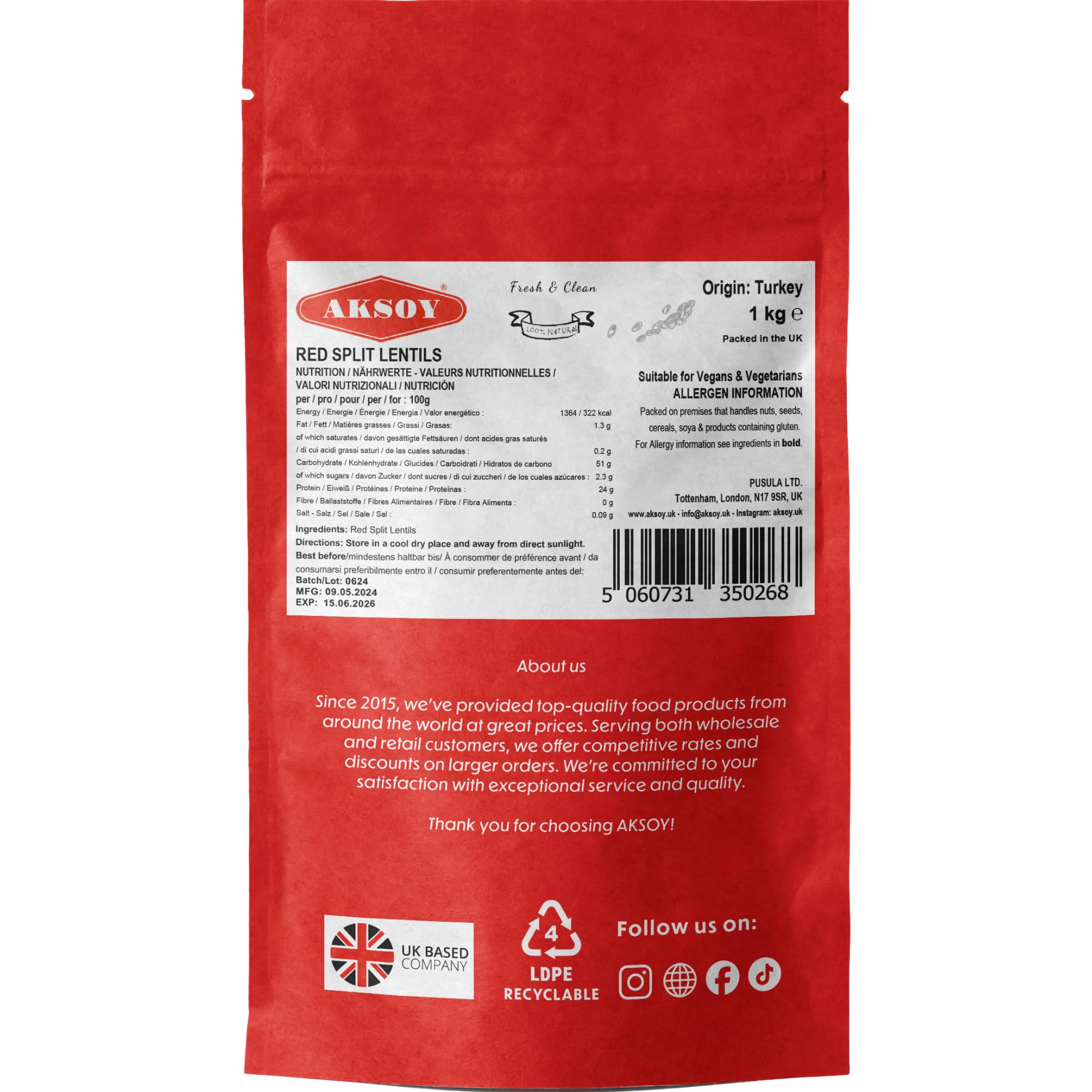 AKSOY Red Split Lentils - 1kg Pack | High Protein | Vegan & Vegetarian Friendly 5