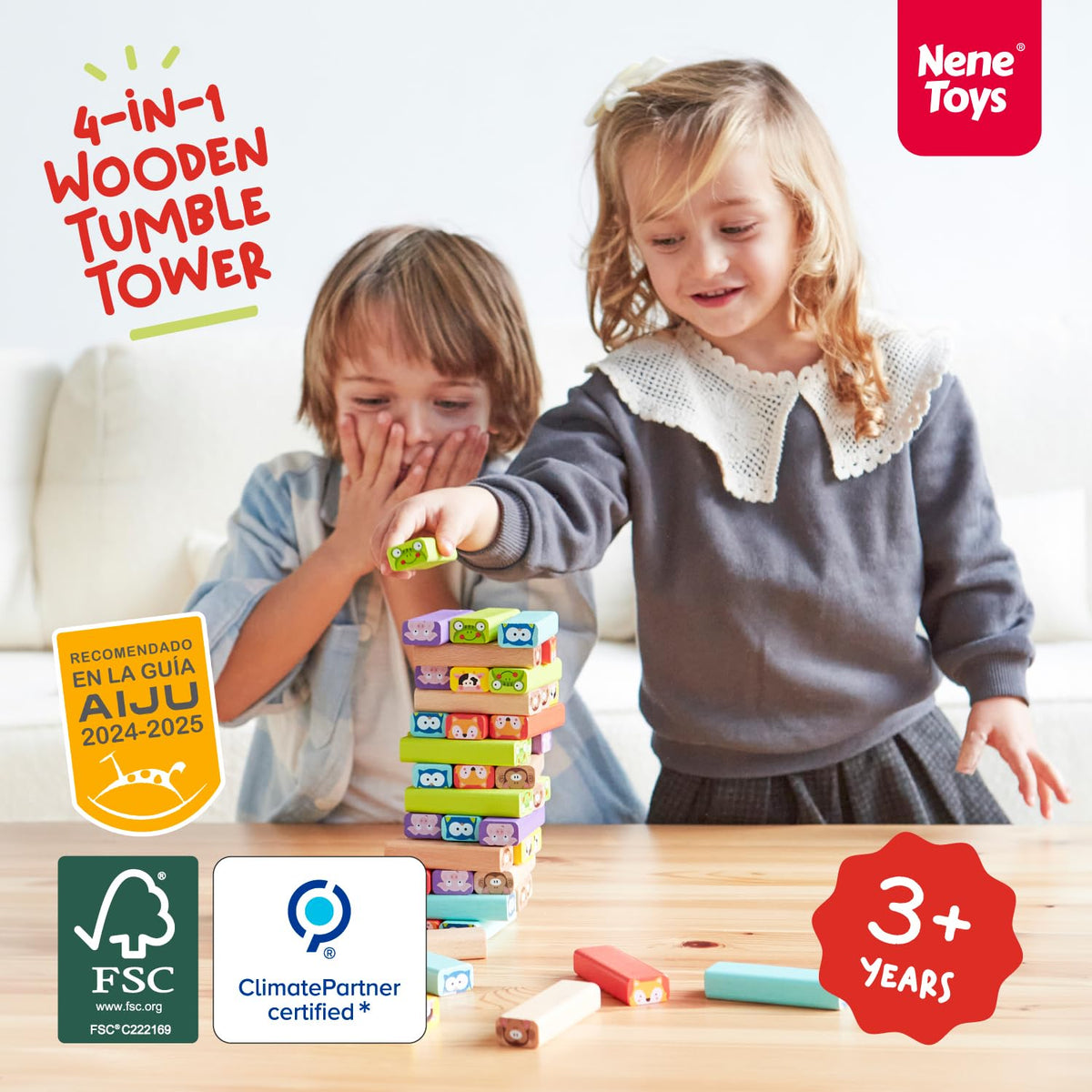 Nene Toys 4-in-1 Wooden Tumble Tower Game with Animals & Colors | Family Edition | Ages 3+
