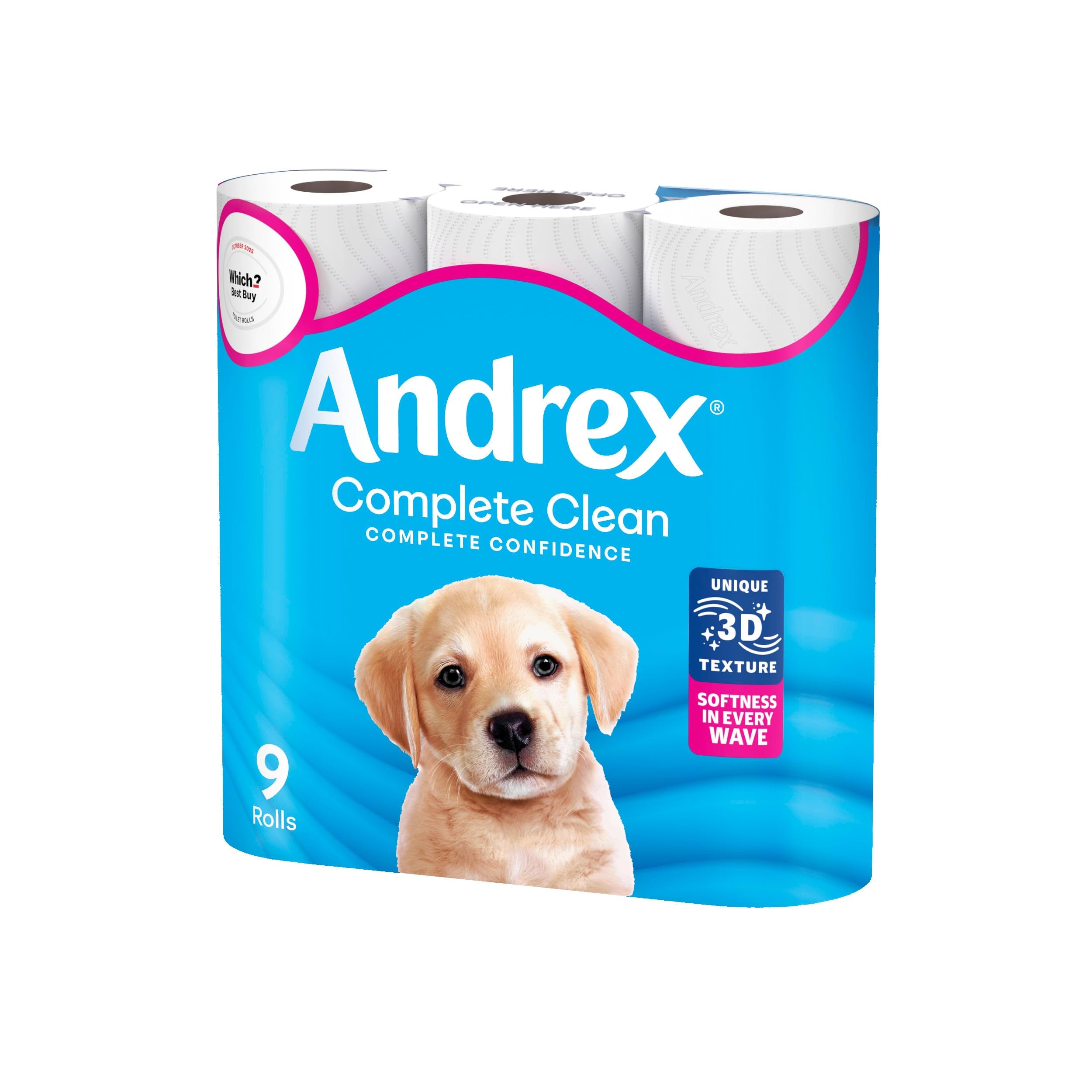 Andrex Complete Clean Toilet Roll - 9 Rolls, 3-Ply, 3D Wave Texture