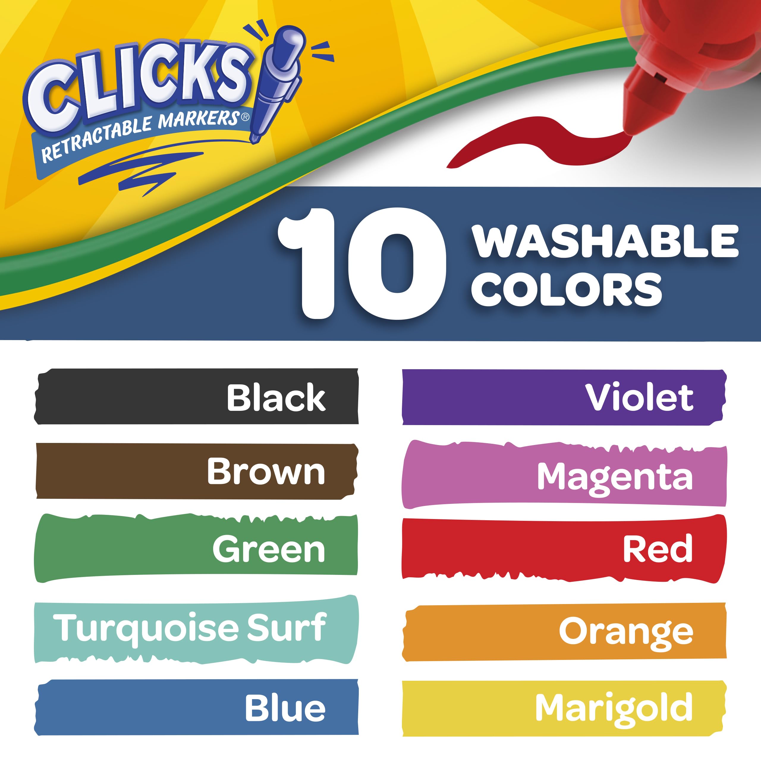 CRAYOLA Cliks Retractable Washable Marker Pens - 10 Pack | Fine Tip 0.3mm | Assorted Colors