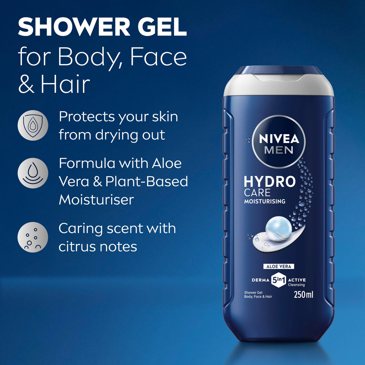 NIVEA MEN Protect & Care Shower Gel - Moisturising 3-in-1 Body Wash with Aloe Vera, 250 ml