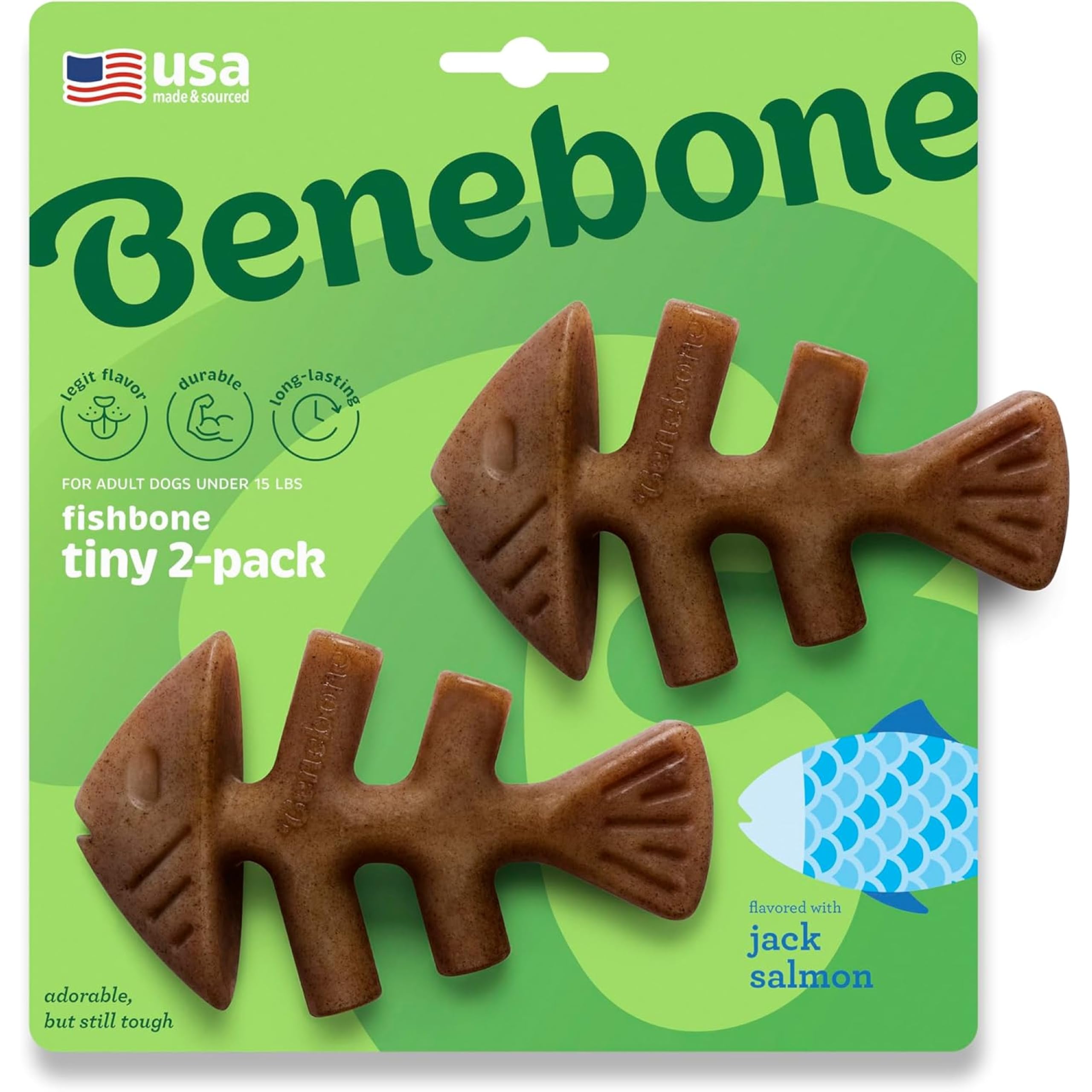 Benebone Fishbone Durable Chew Toy - Jack Salmon Flavor | 2 Pack for Tiny Dogs Under 15 lbs