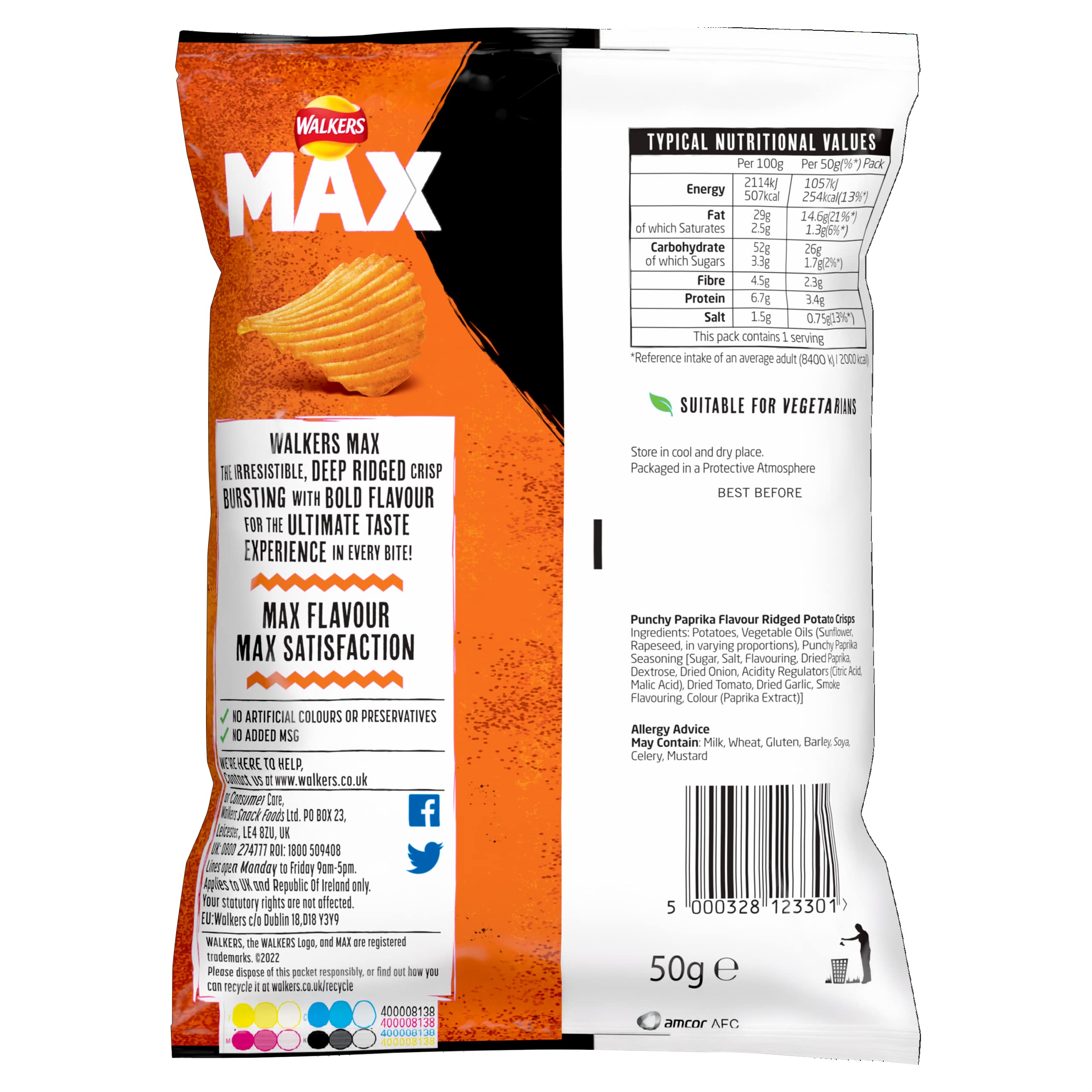 Walkers Max Punchy Paprika Flavour Ridges Crisps 50g 2