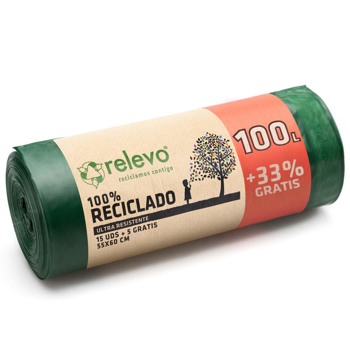 Relevo 100% Recycled Heavy Duty Bin Bags 100L - 13 Pack, Green