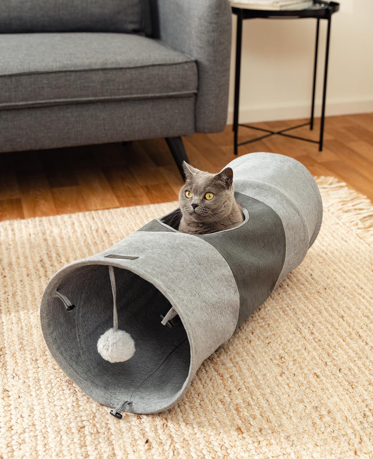 lionto Cat Tunnel with Play Ball - Foldable, Expandable | 30x70 cm | Faux Linen