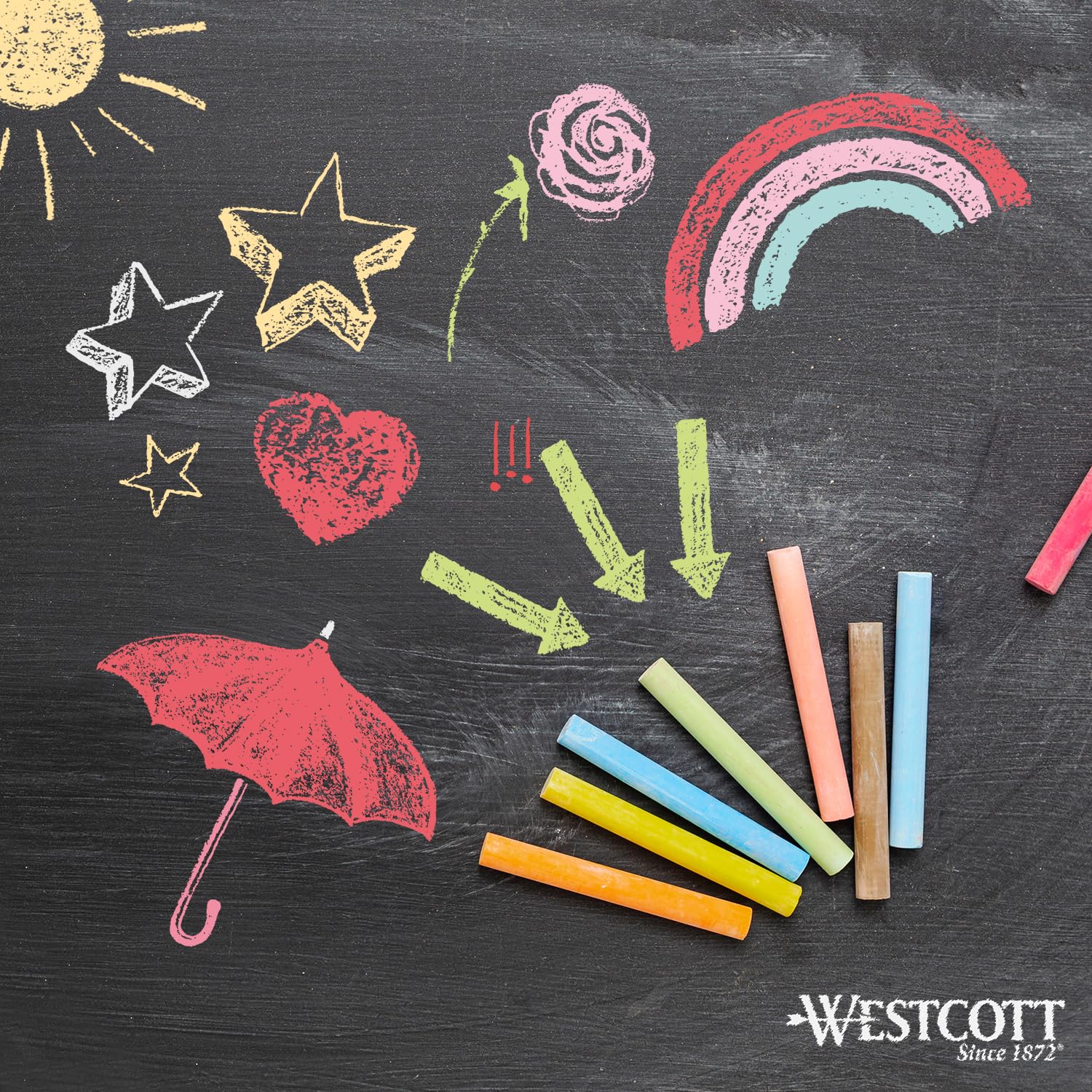 Westcott Coloured Chalk - 100 Pieces in 10 Vibrant Colours | 1.2 cm Diameter