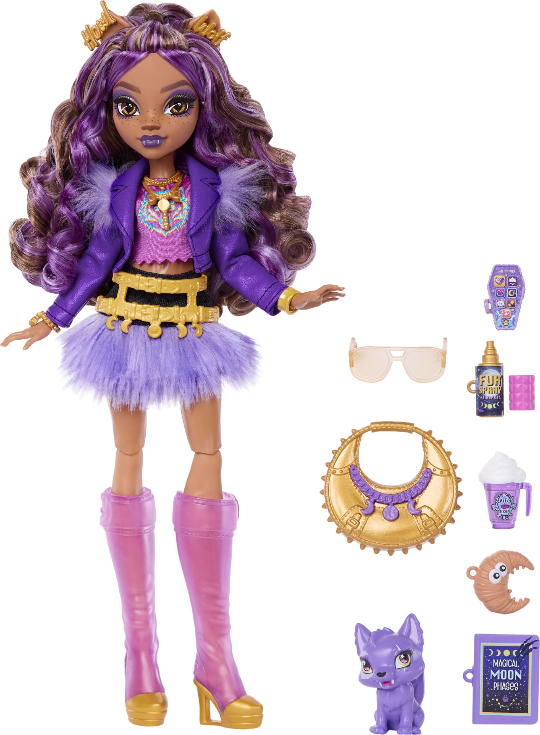 Monster High Clawdeen Wolf Doll with Pet Wolf Pup Crescent and 7 Accessories | 11.248 inches | JHK30 5