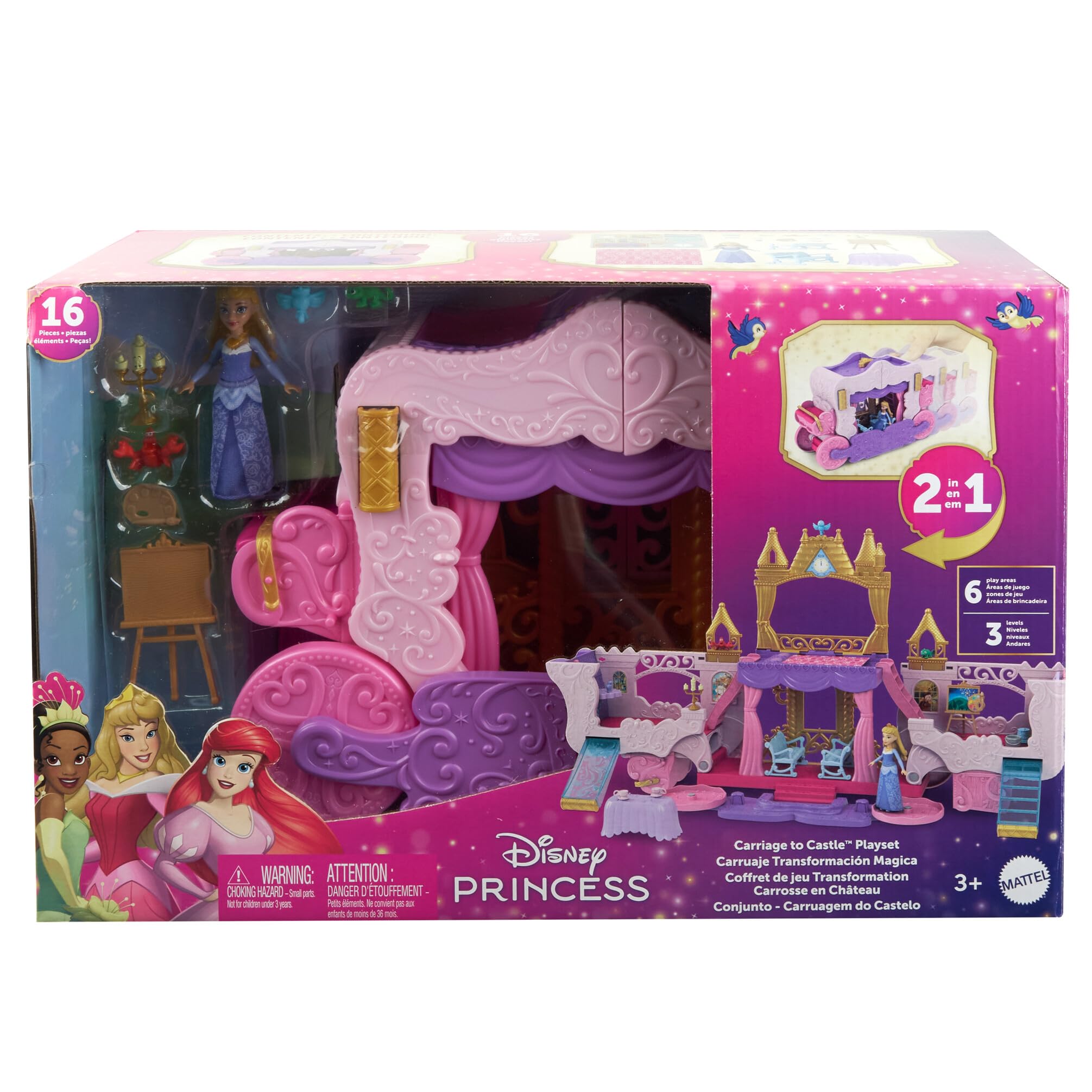 Mattel Disney Princess Carriage to Castle Transforming Playset with Aurora Doll, 3 Levels, 6 Play Areas, HWX17 6