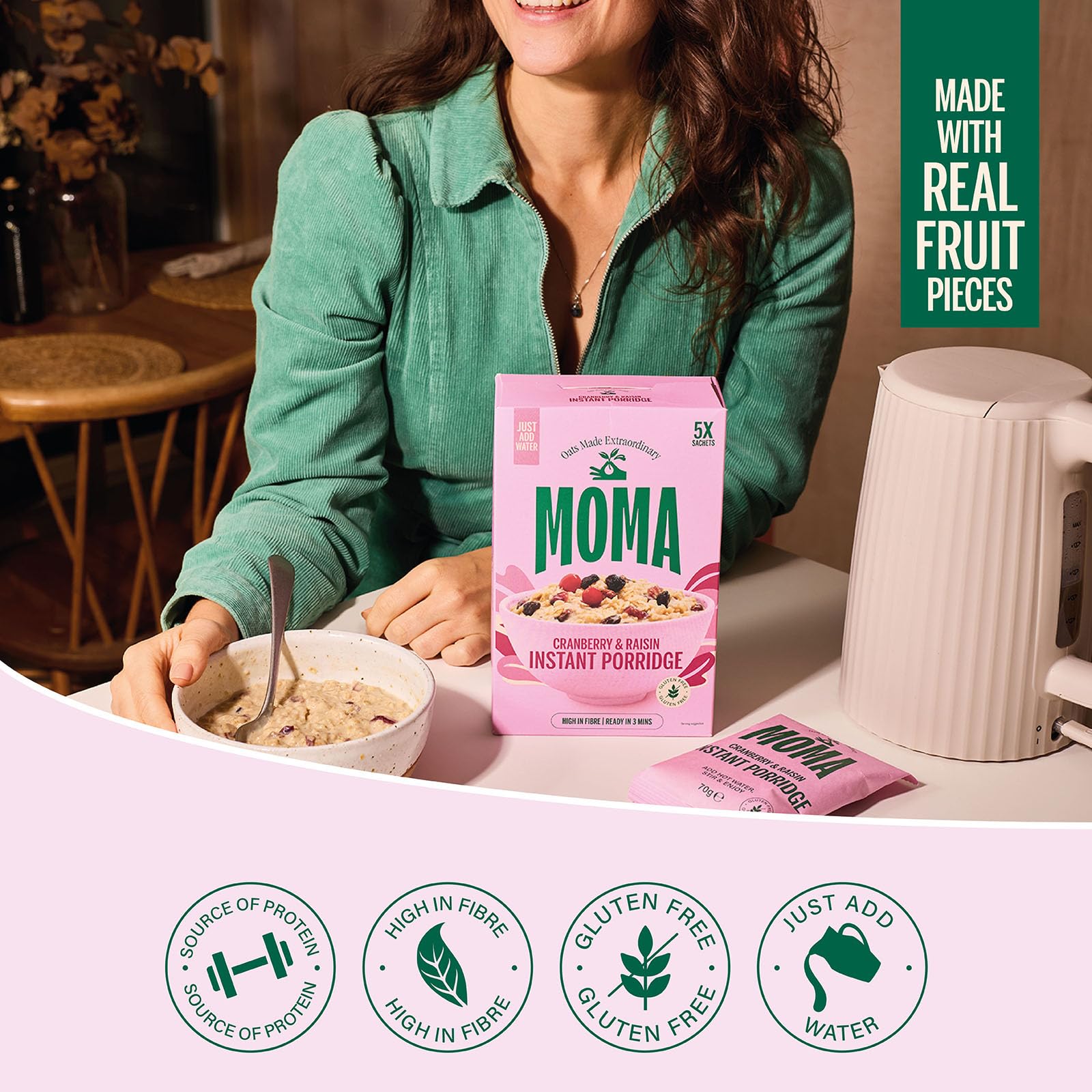 MOMA Porridge Sachets Cranberry & Raisin - Box of 5 x 70g - Gluten Free, High Fibre, Source of Protein 6