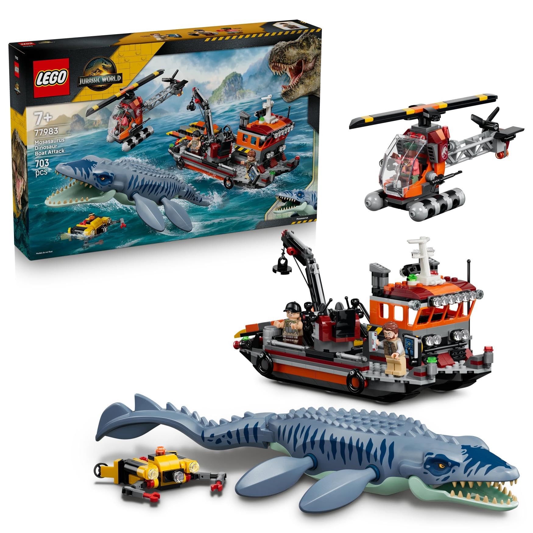 LEGO Jurassic World Mosasaurus Dinosaur Boat Attack Building Set (7+) - 77983