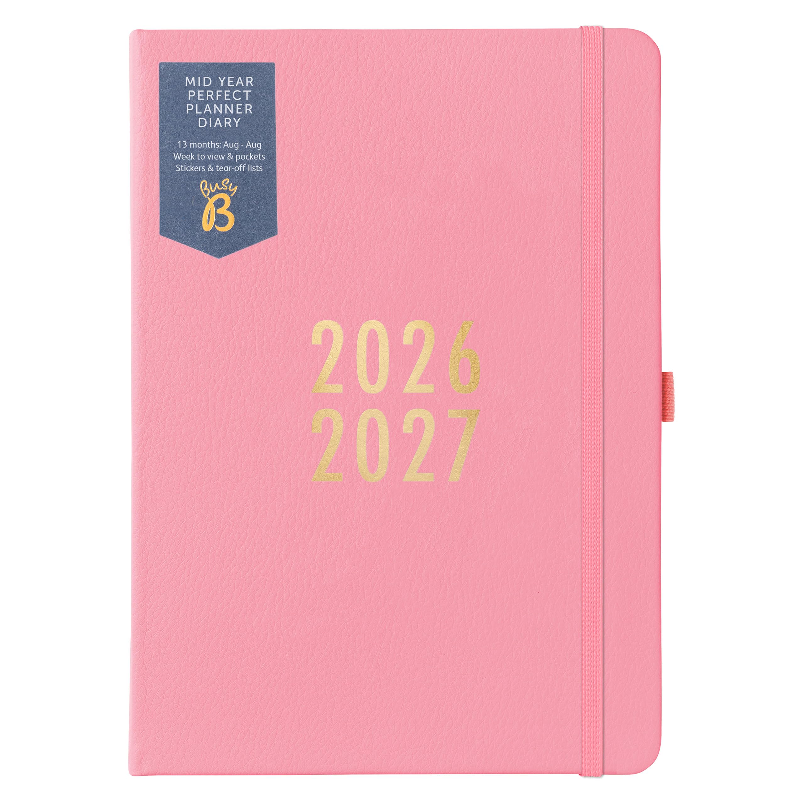 Busy B A5 Weekly Planner - Mid-Year Academic Diary Aug '26 - Aug '27 | Pink Vegan Leather