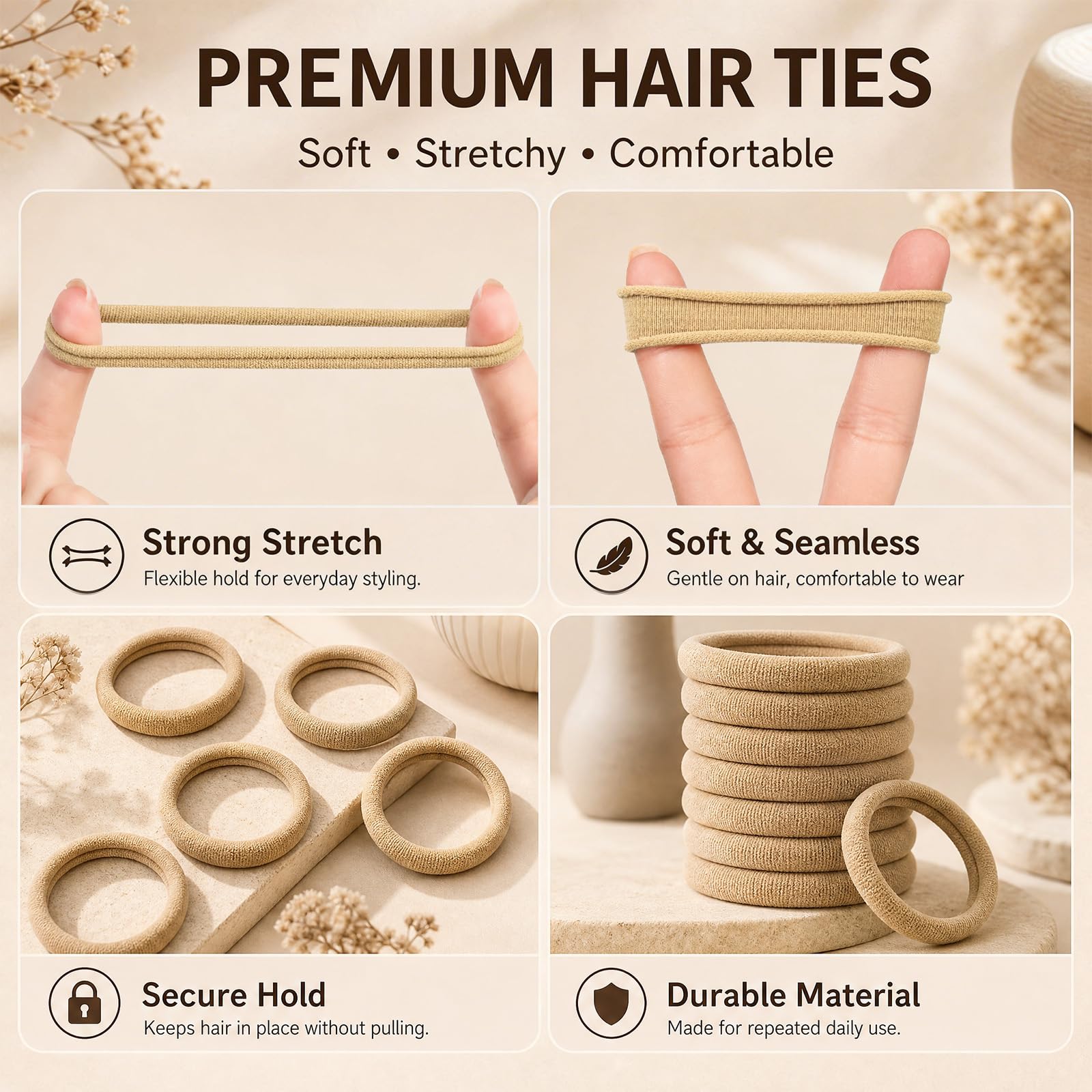 Admygo Elastic Hair Ties - 50 Pack Seamless Thick Hair Ties | High Elasticity | Light Brown 7